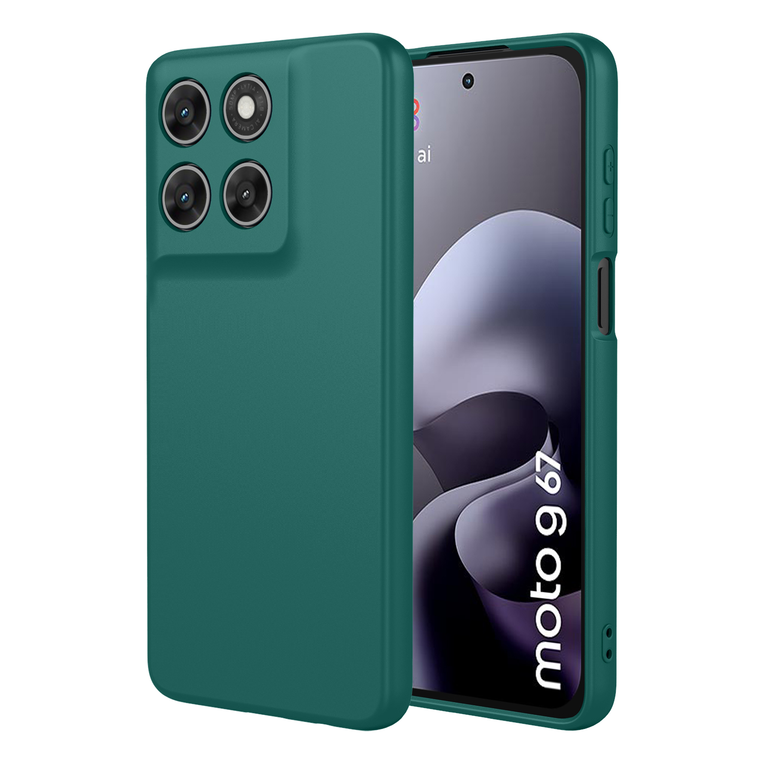 Een groene telefoonhoes ligt naast een smartphone met opschrift "moto g 67".