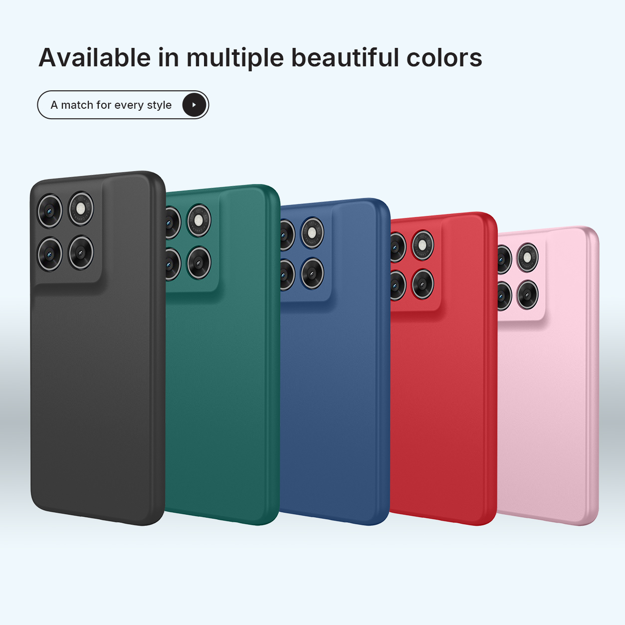 Cinq coques de téléphone noires, vertes, bleues, rouges et roses, alignées.