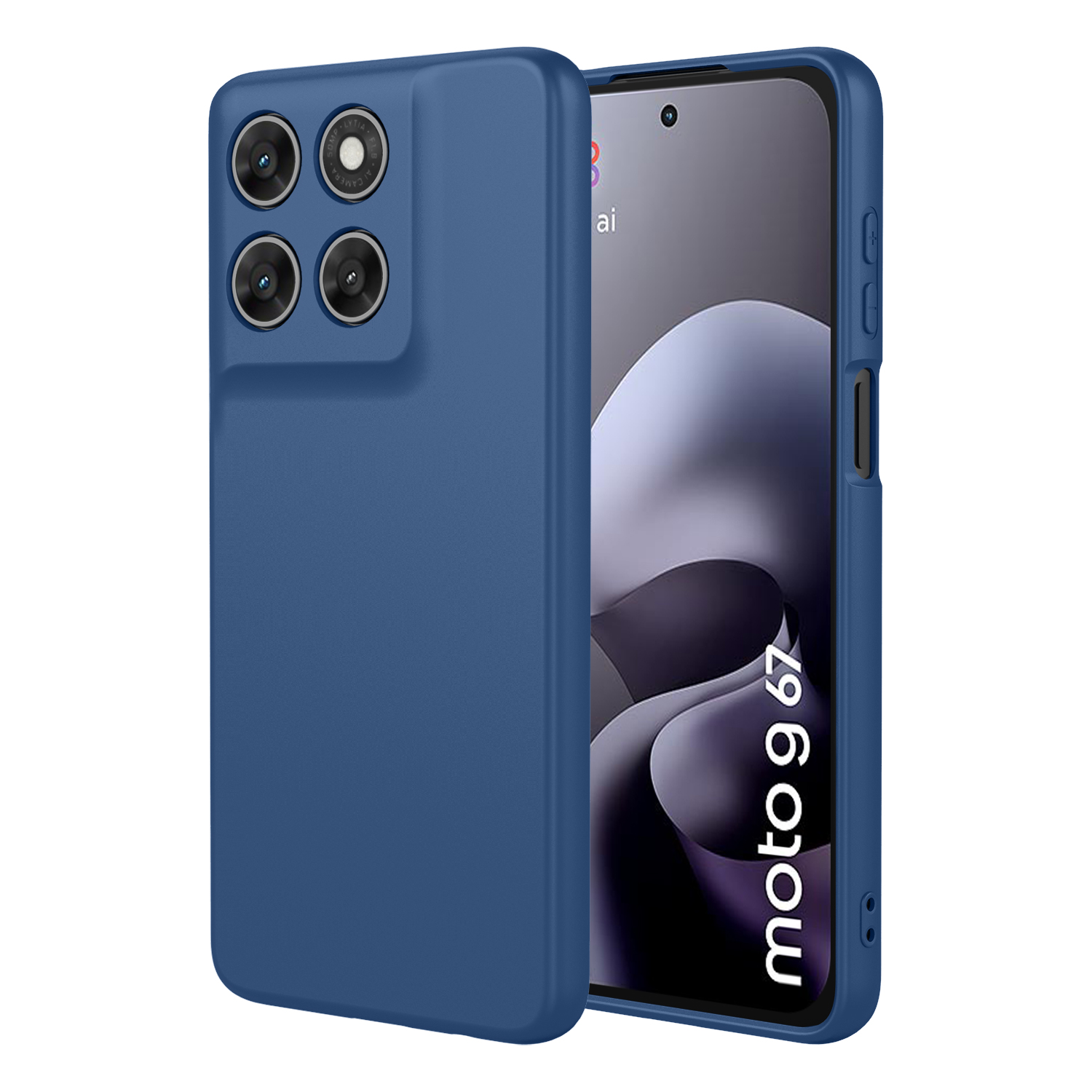 Téléphone bleu avec quatre caméras et « moto g 67 » à l'écran.