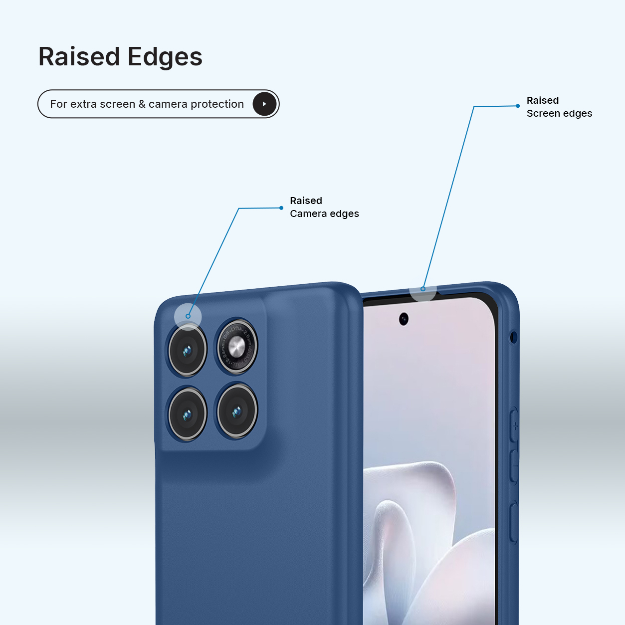 Coque de téléphone bleue avec bords surélevés pour protéger caméra et écran.