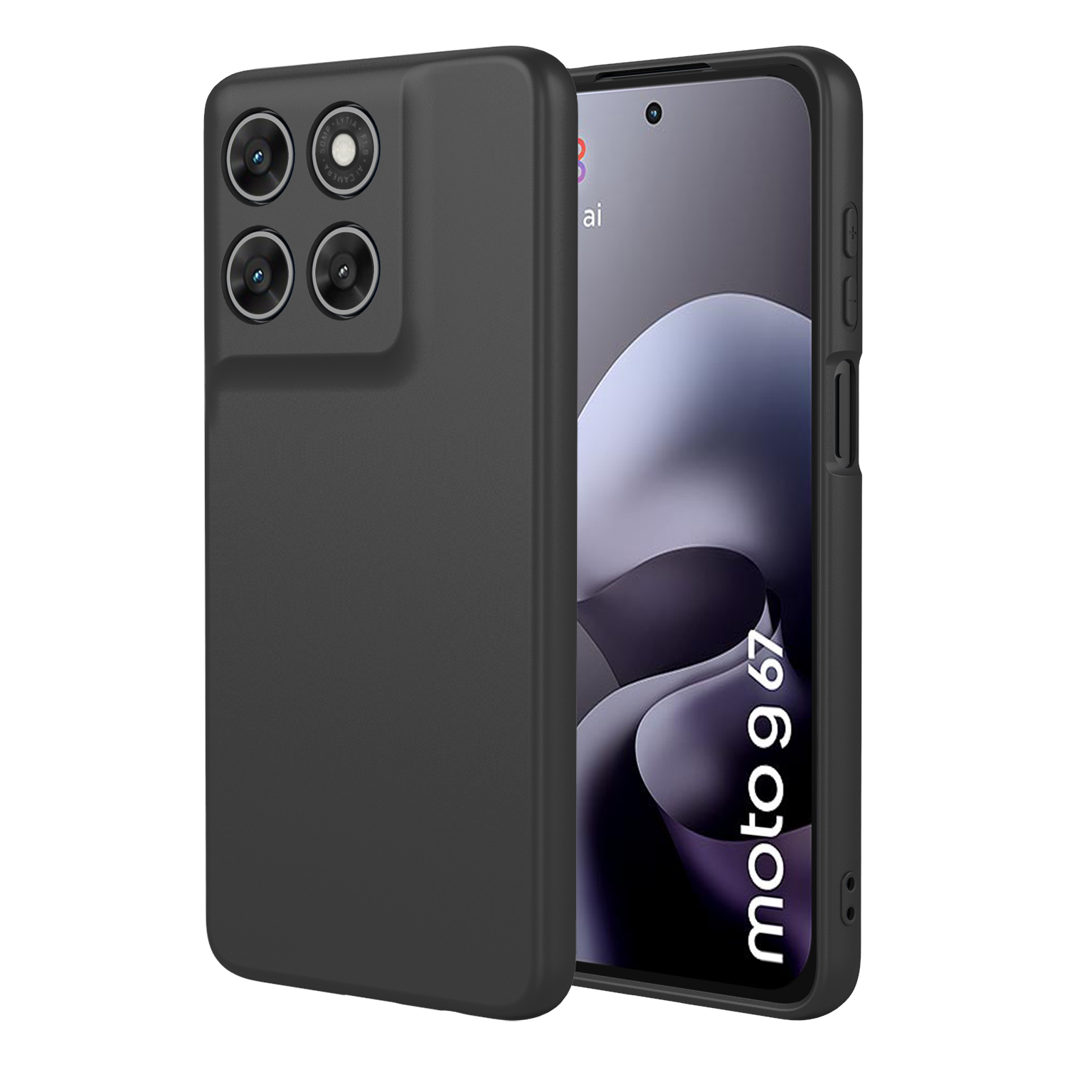 Zwarte telefoon met quad camera en 'moto g 67' tekst op scherm.