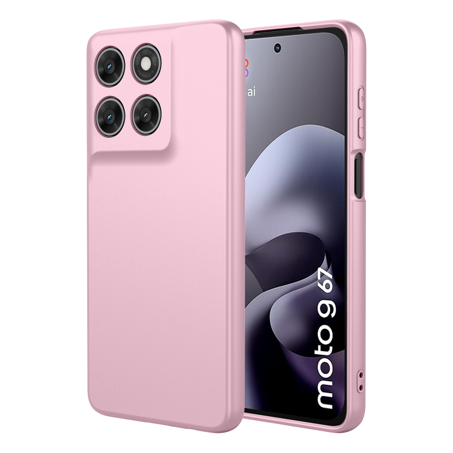 Een roze telefoonhoesje met vier camera's naast een smartphone.