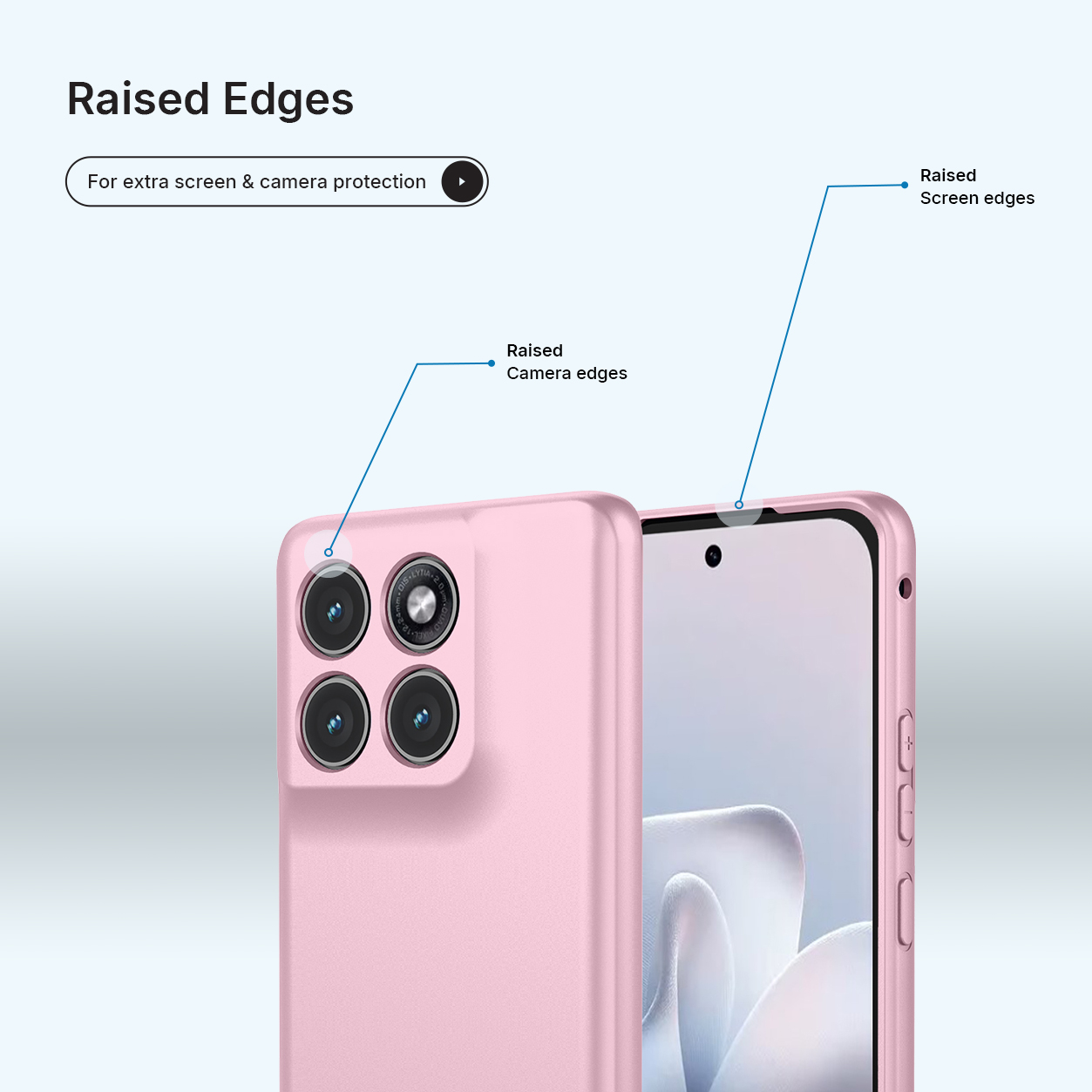 Een roze smartphonehoes met verhoogde randen ter bescherming van camera en scherm.