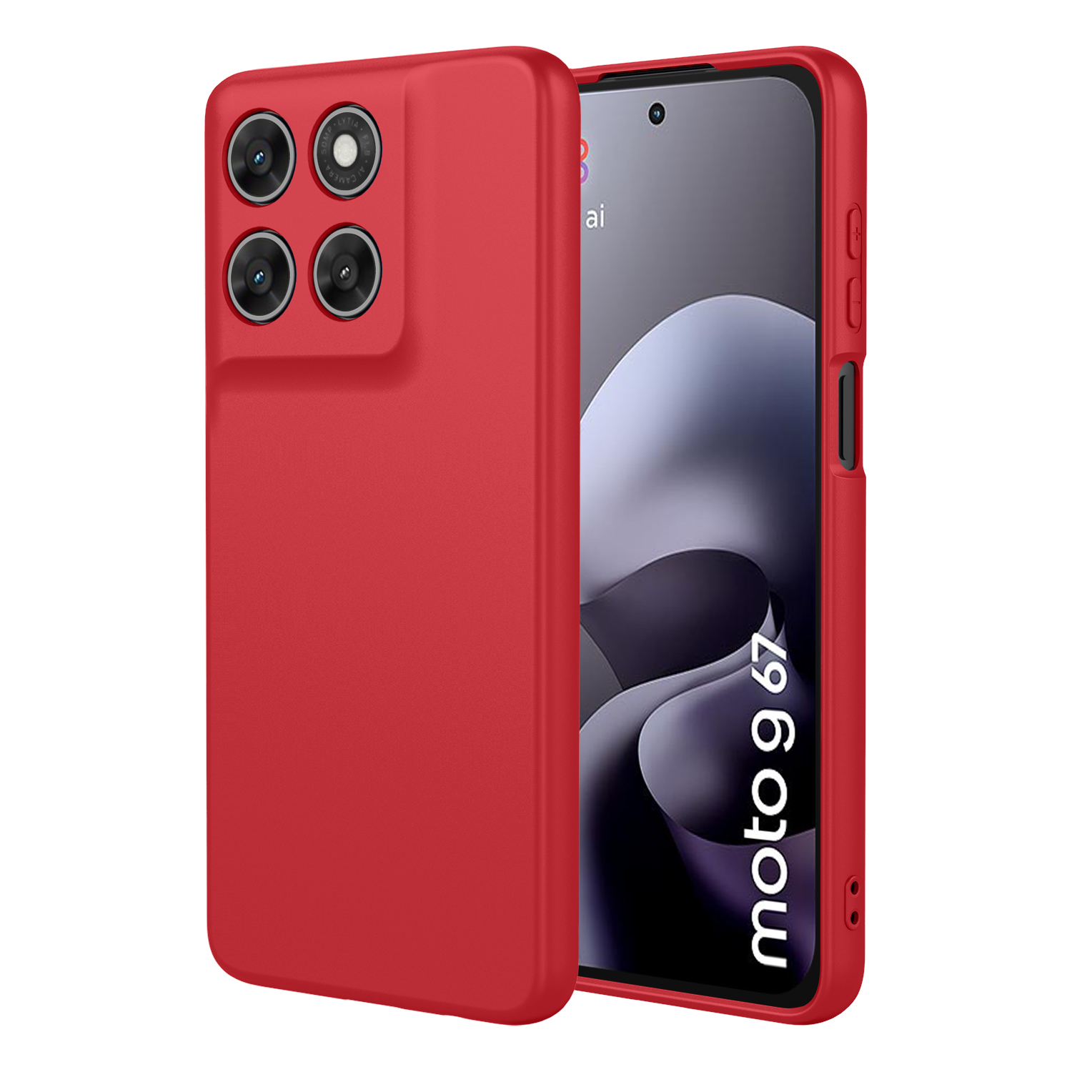 Rode telefoonhoes met vier camera's en een smartphone met "moto g 67" op het scherm.