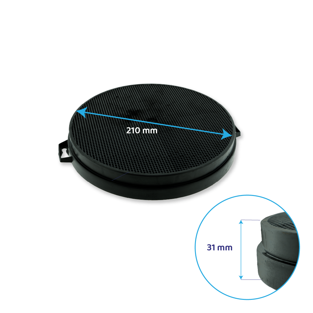 Okrągły czarny filtr węglowy o średnicy 210 mm i grubości 31 mm.