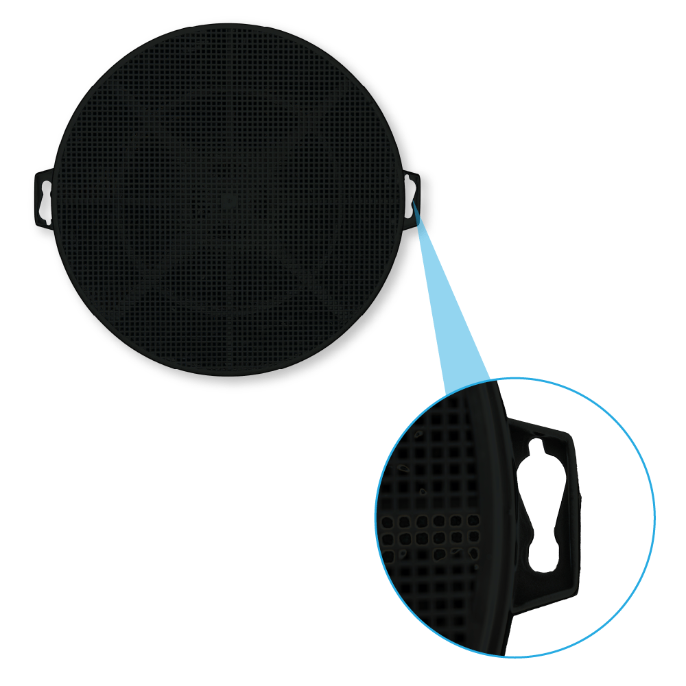 Czarny okrągły filtr z wycięciem pokazującym mechanizm zawieszenia.