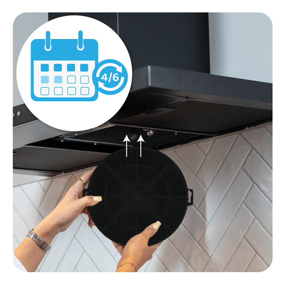 Ręce trzymają czarny filtr pod okapem; ikona kalendarza.