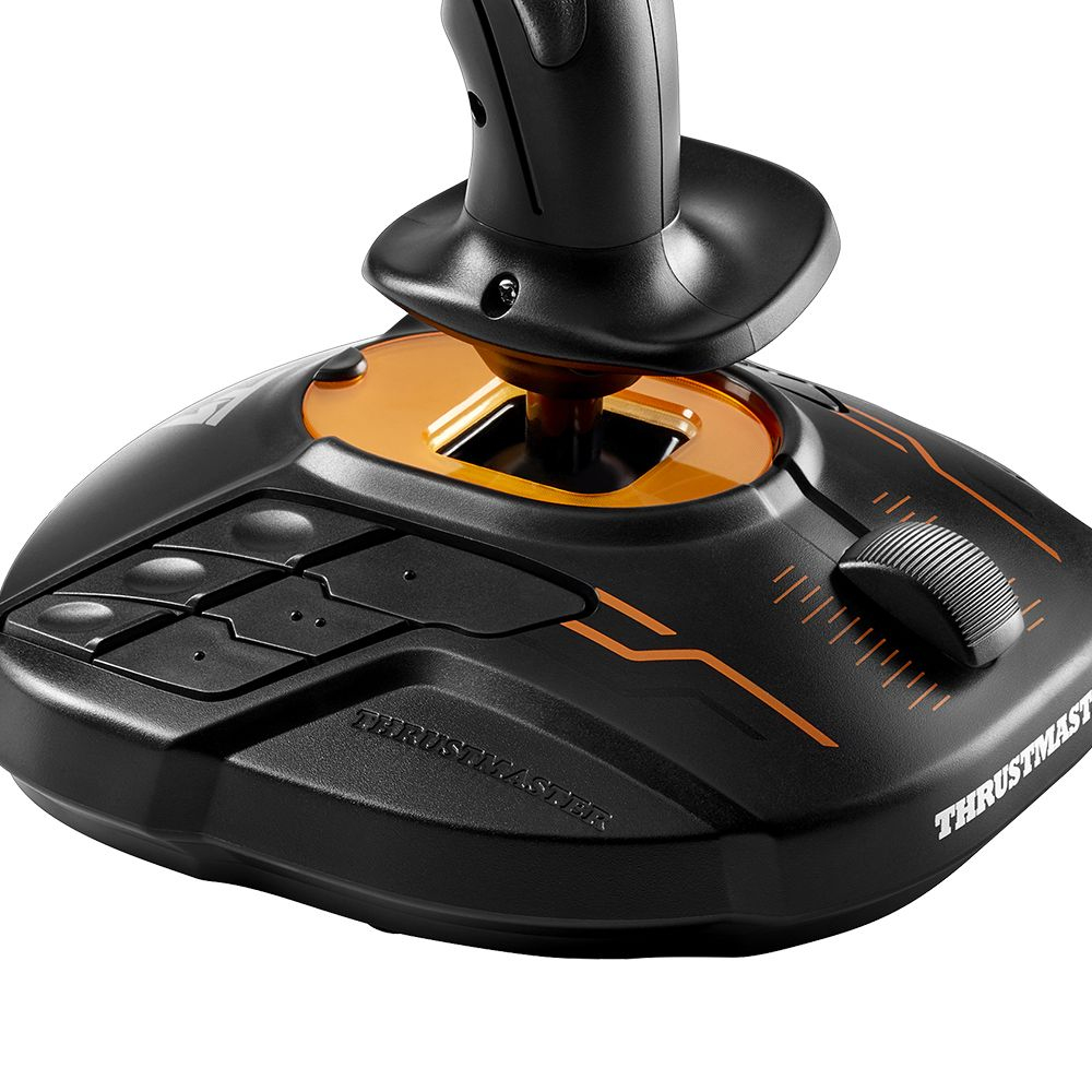 Schwarze Joystick-Basis mit orangen Akzenten, Knöpfen und einem Gashebel.