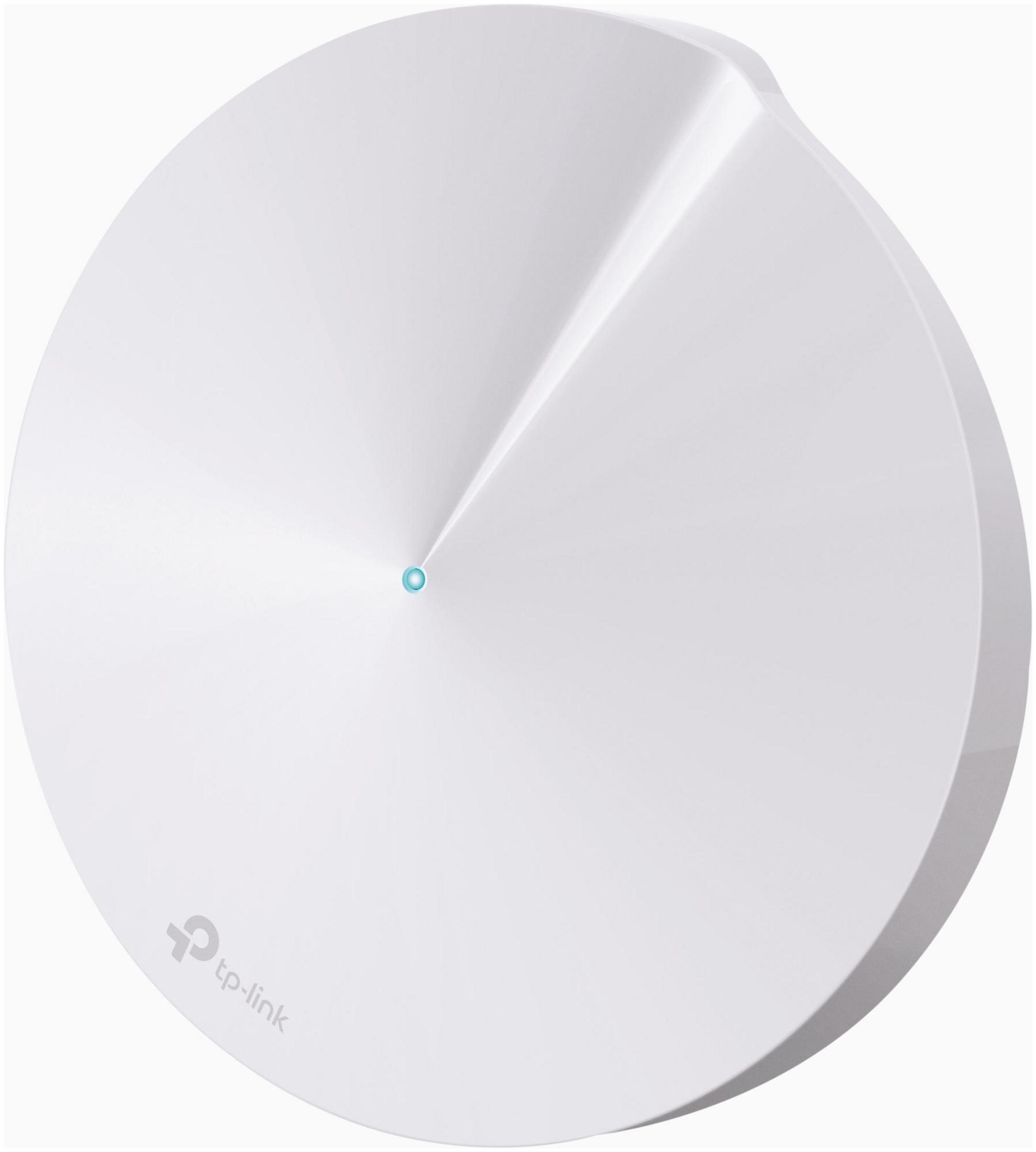 Biały, okrągły router TP-Link Deco z niebieskim światłem pośrodku.