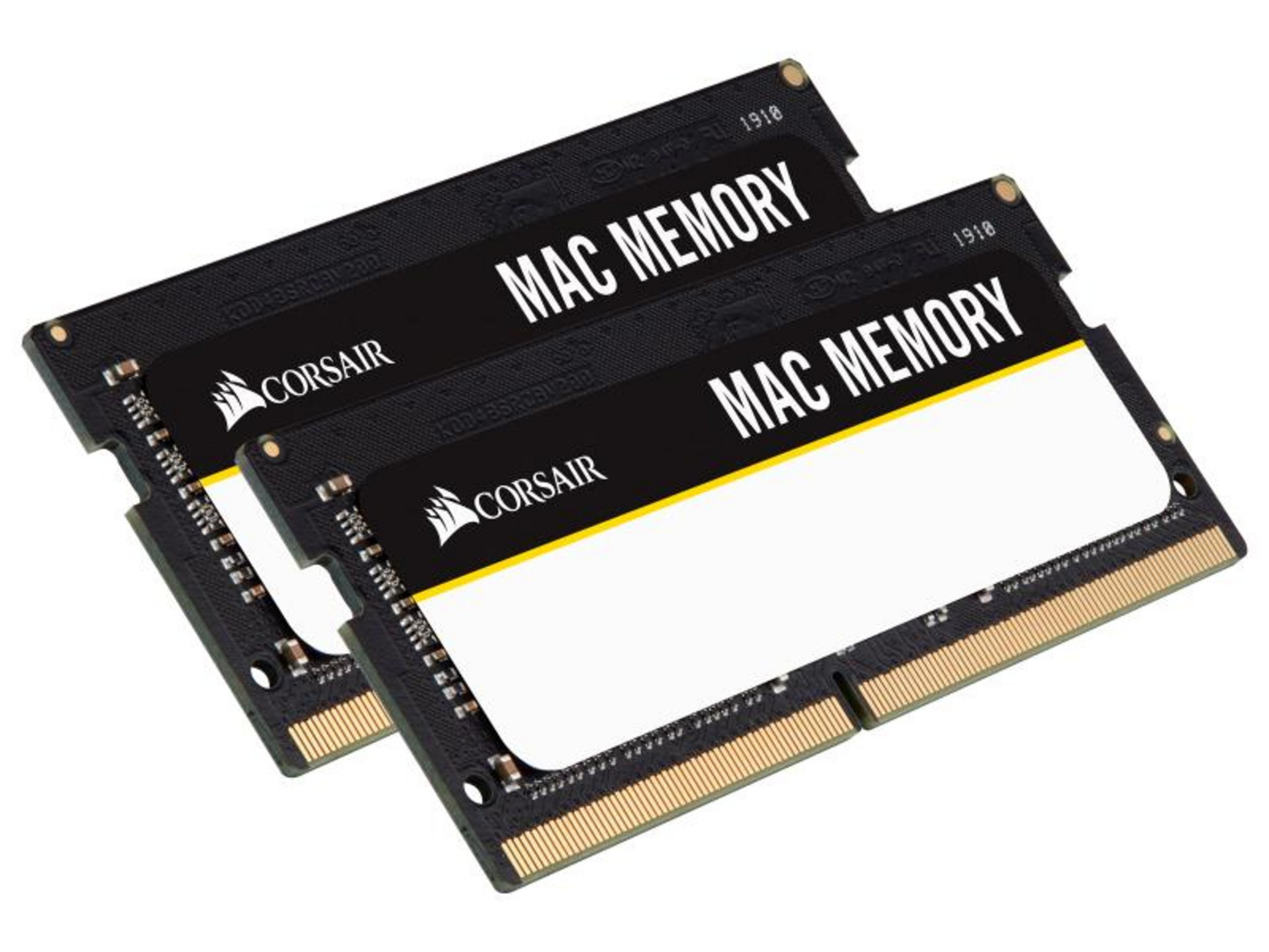 Zwei Corsair Mac Memory Riegel mit weißen Etiketten auf weißem Hintergrund.