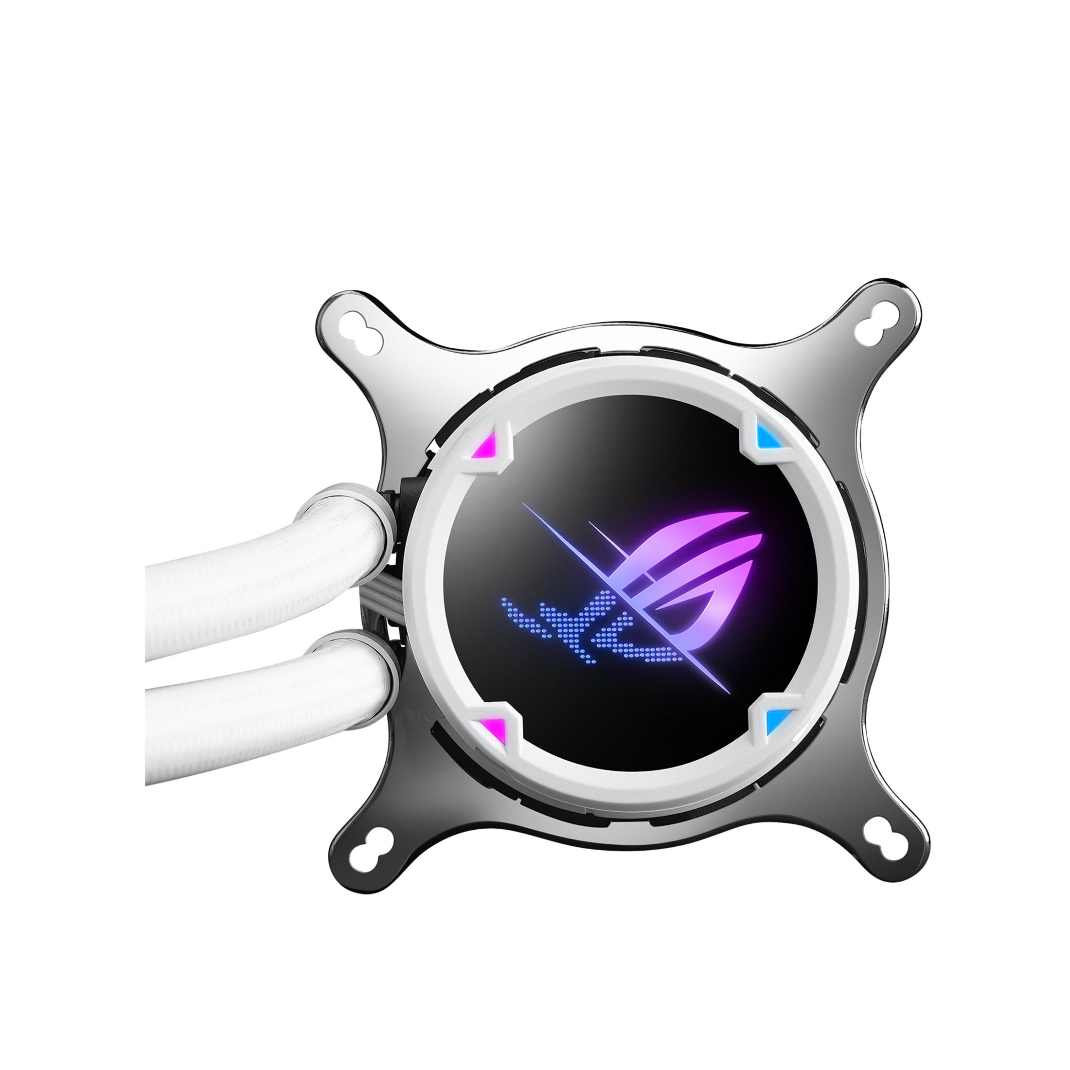 A white water cooler with ROG logo and blue/pink accents.