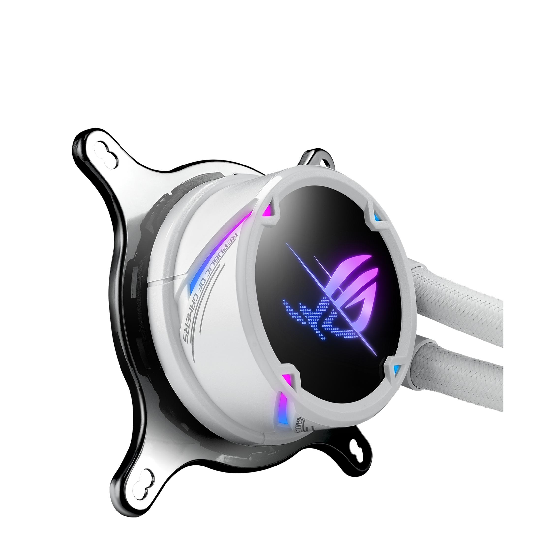 A white CPU cooler with the ROG logo and RGB lighting.