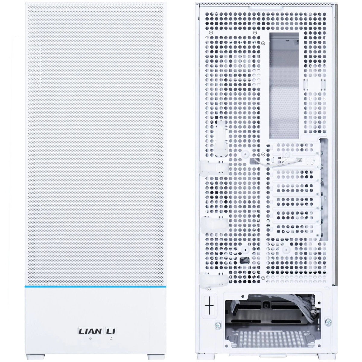 Een witte Lian Li computerkast, voor- en achterkant naast elkaar getoond.