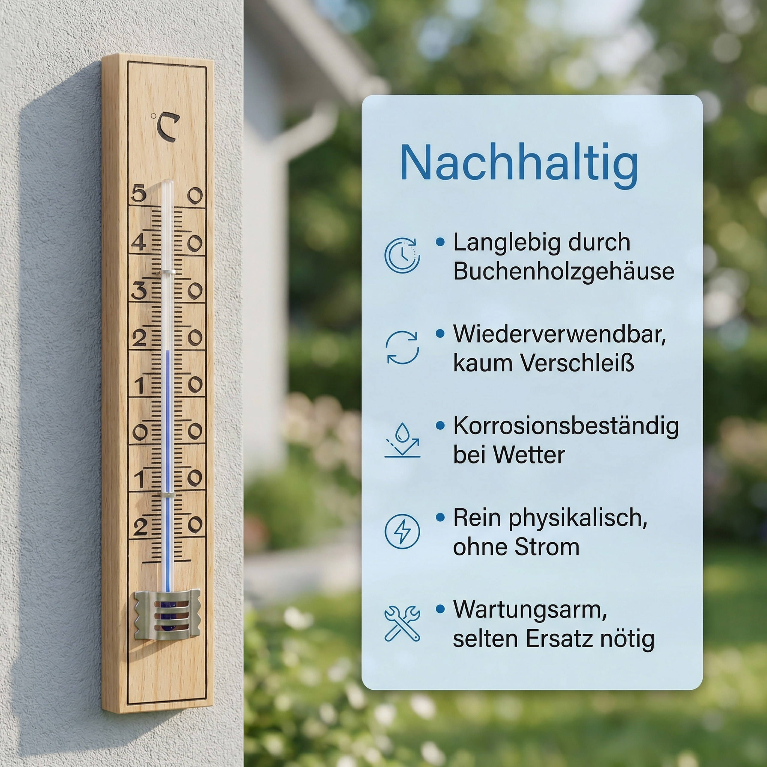 Ein Holzthermometer zeigt 3 Grad Celsius an. Daneben eine Infobox mit Symbolen.