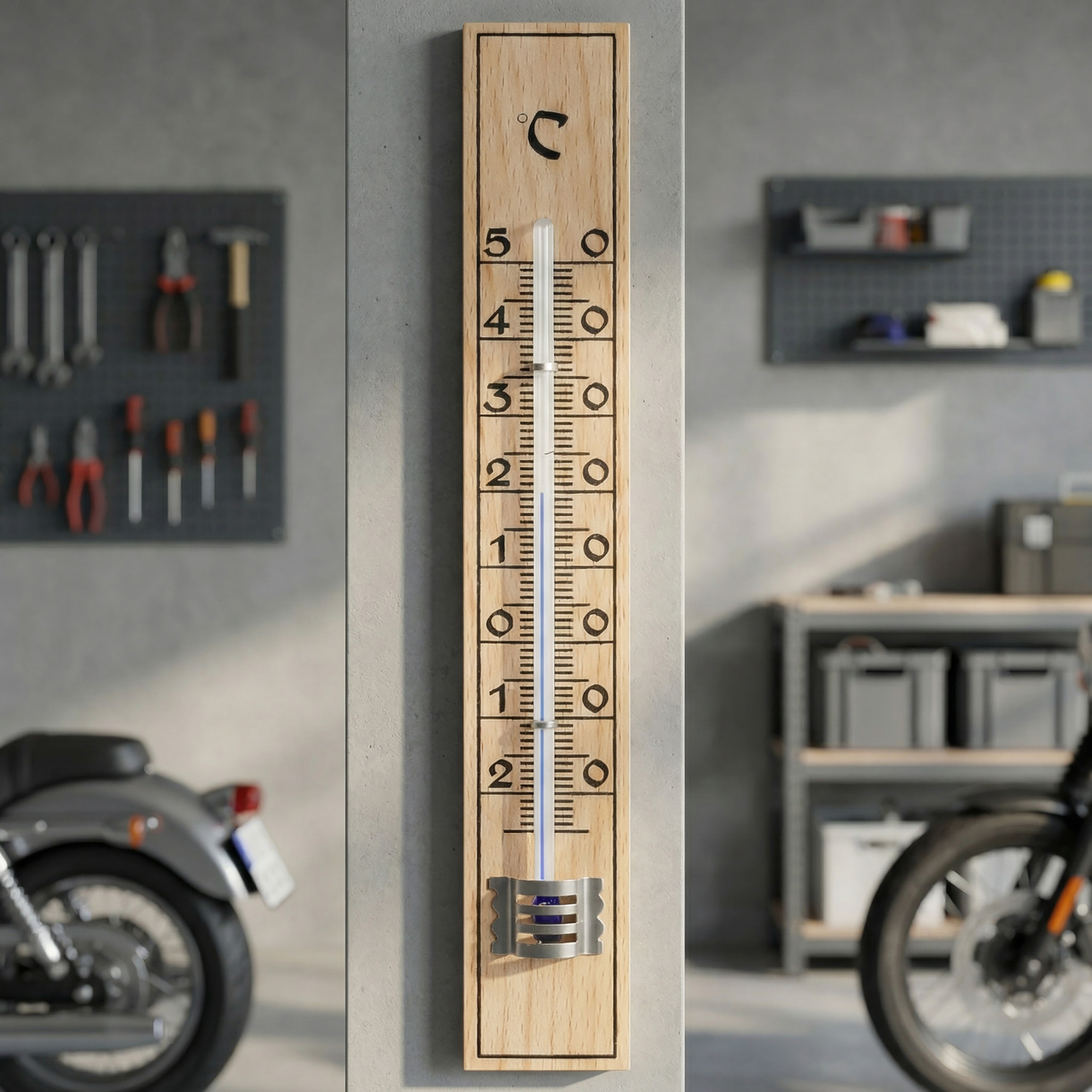 Holzthermometer an Betonwand in Garage mit Motorrädern und Werkzeug.