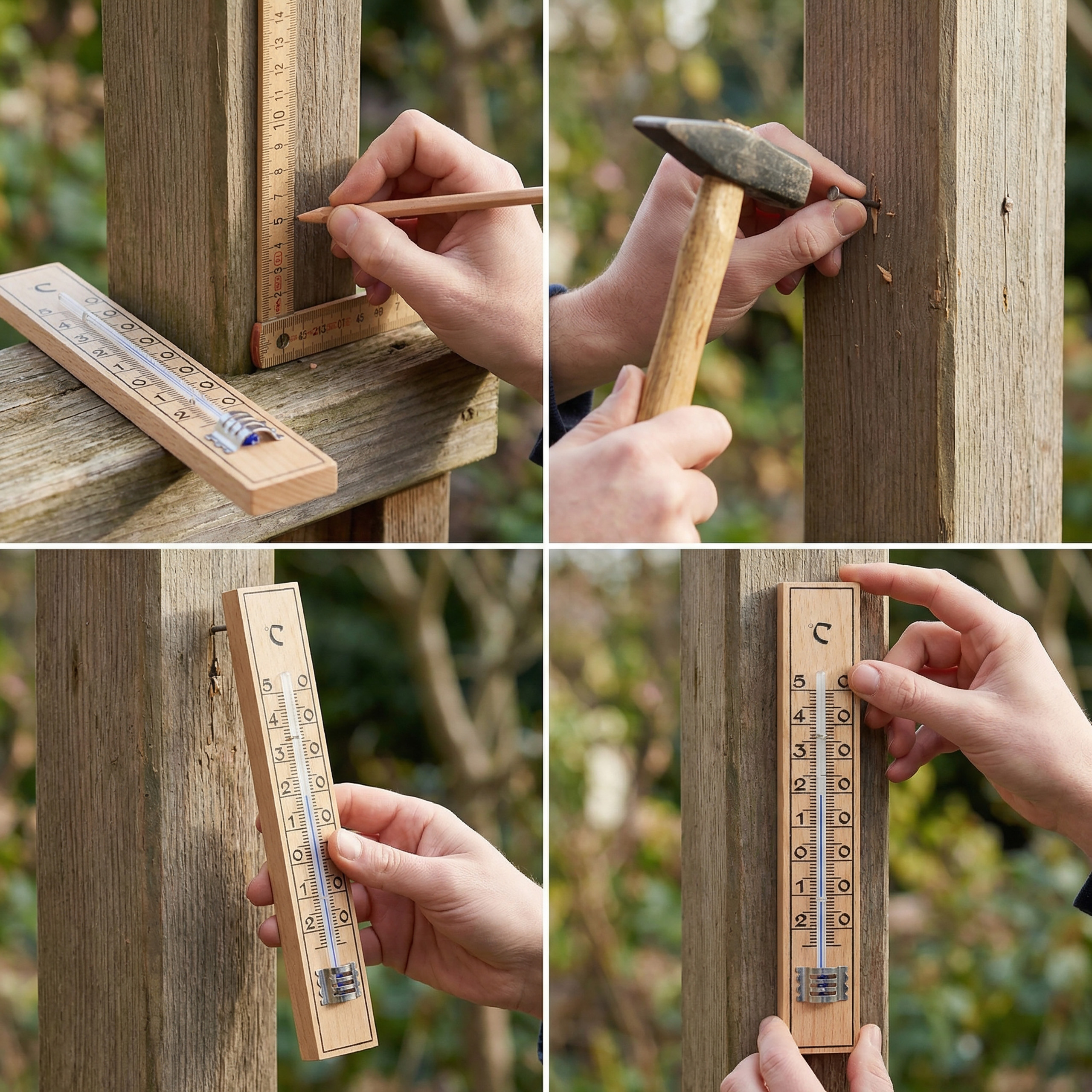 Holzpfahl mit Thermometer und Maßstab, Montage wird gezeigt.