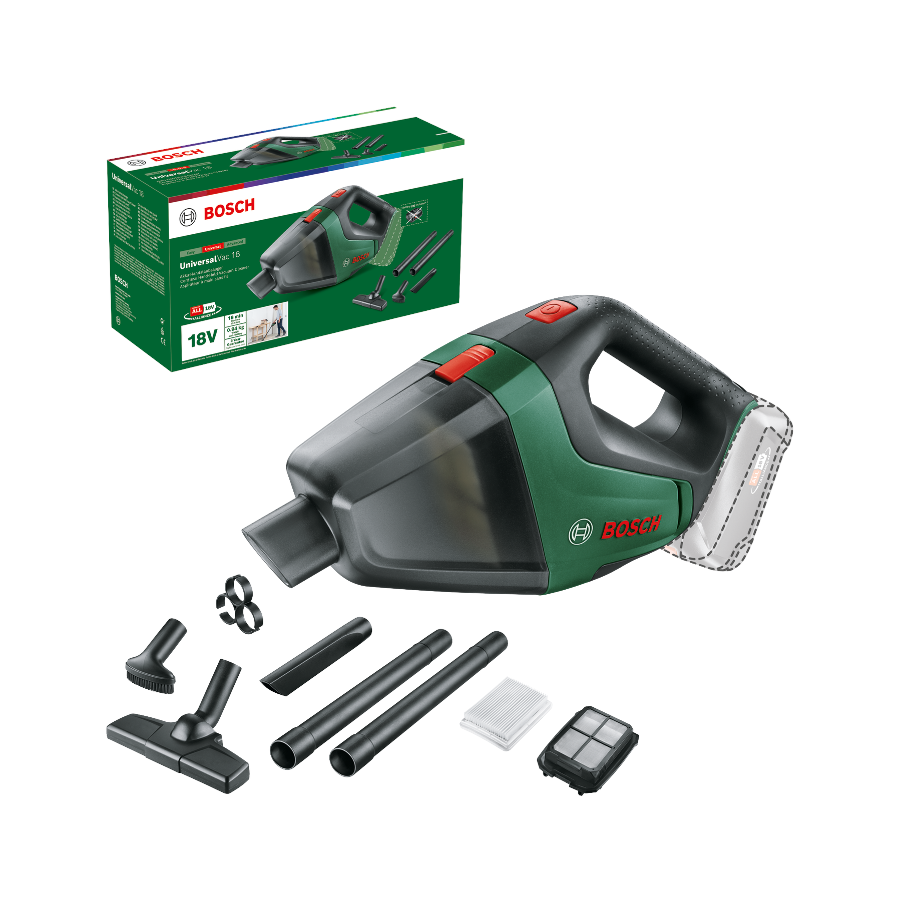 Una aspiradora de mano inalámbrica Bosch verde y negra con accesorios.