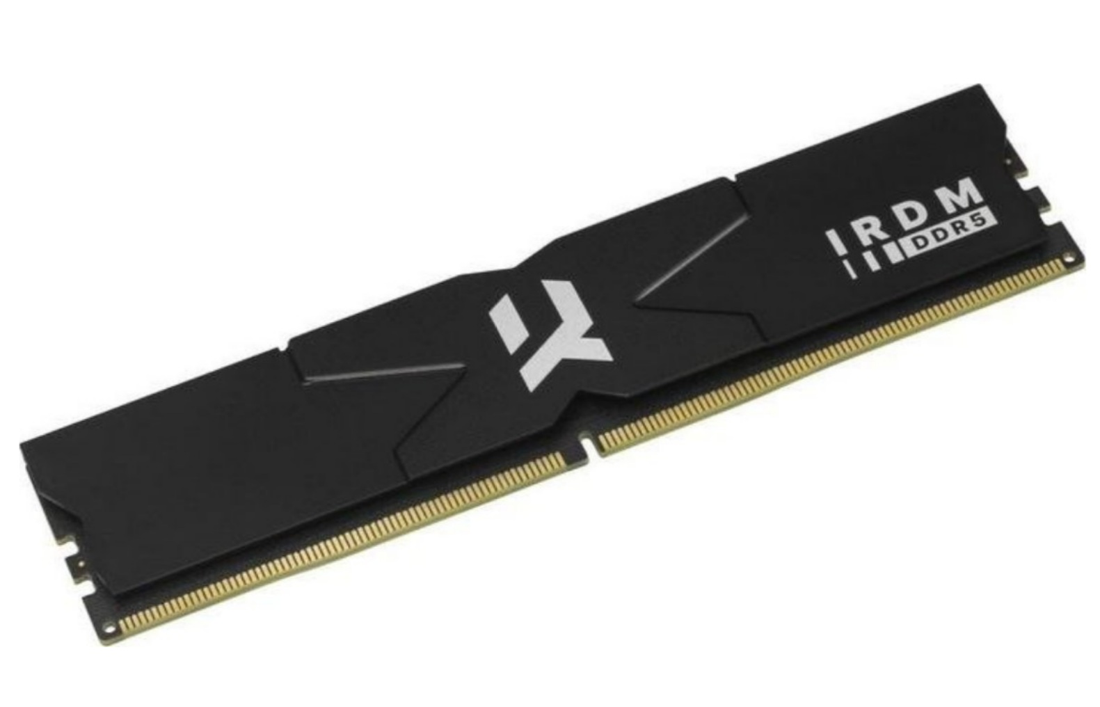 Czarny moduł RAM DDR5 z białym logo i napisem na białym tle.