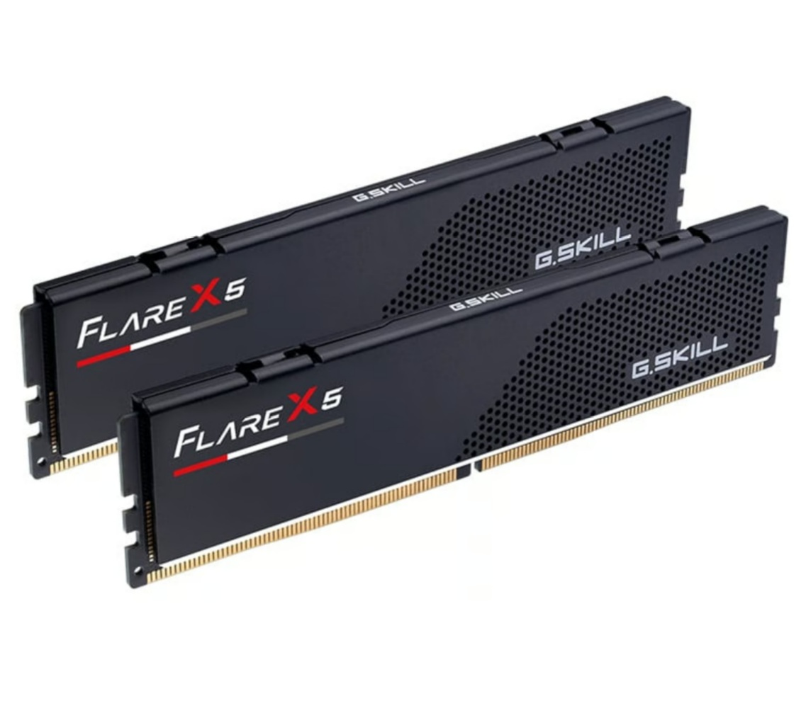 Dwa czarne moduły RAM G.Skill Flare X5 ze złotymi stykami.