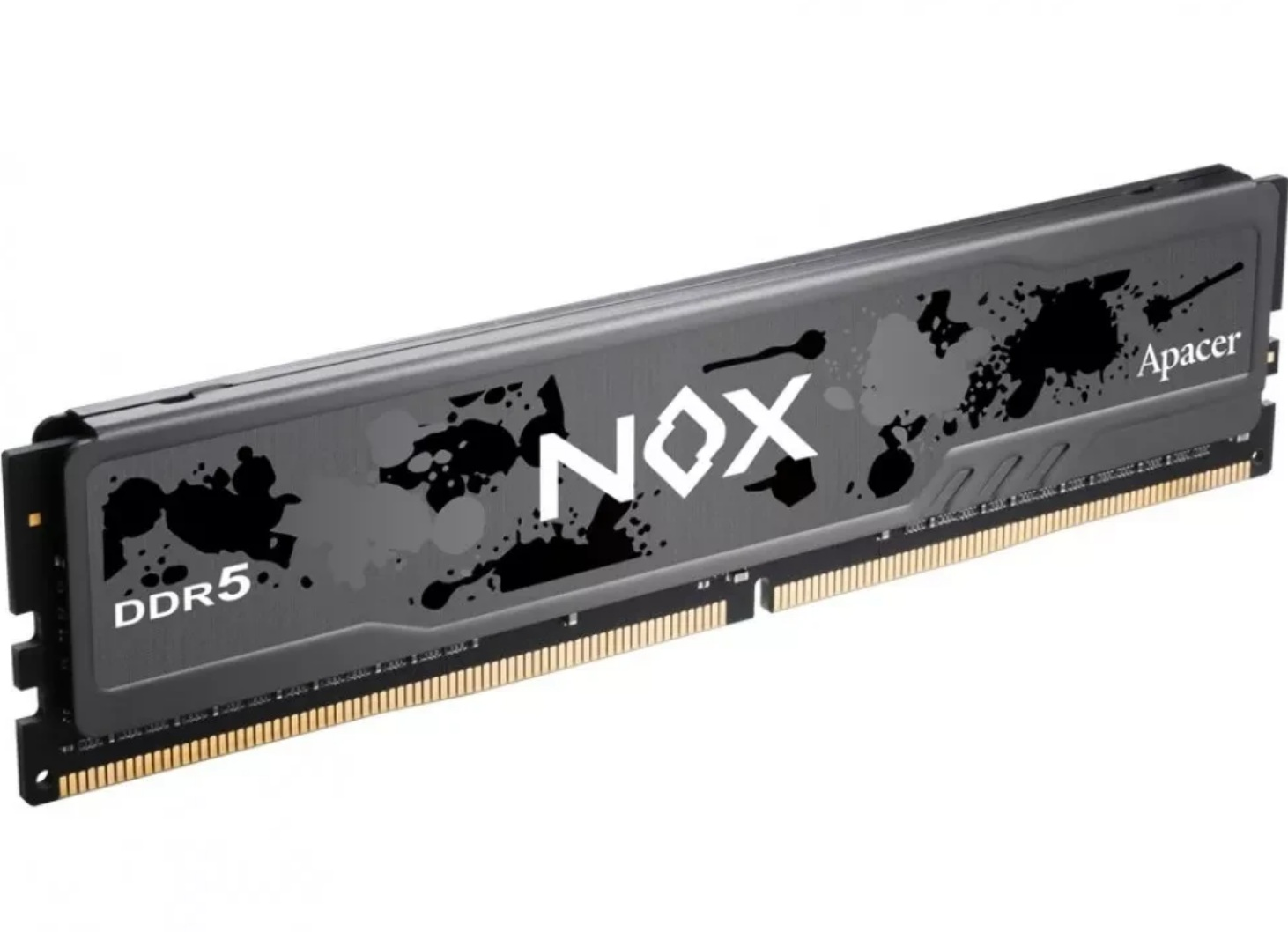 Un modulo RAM DDR5 grigio con logo NOX nero e marchio Apacer.