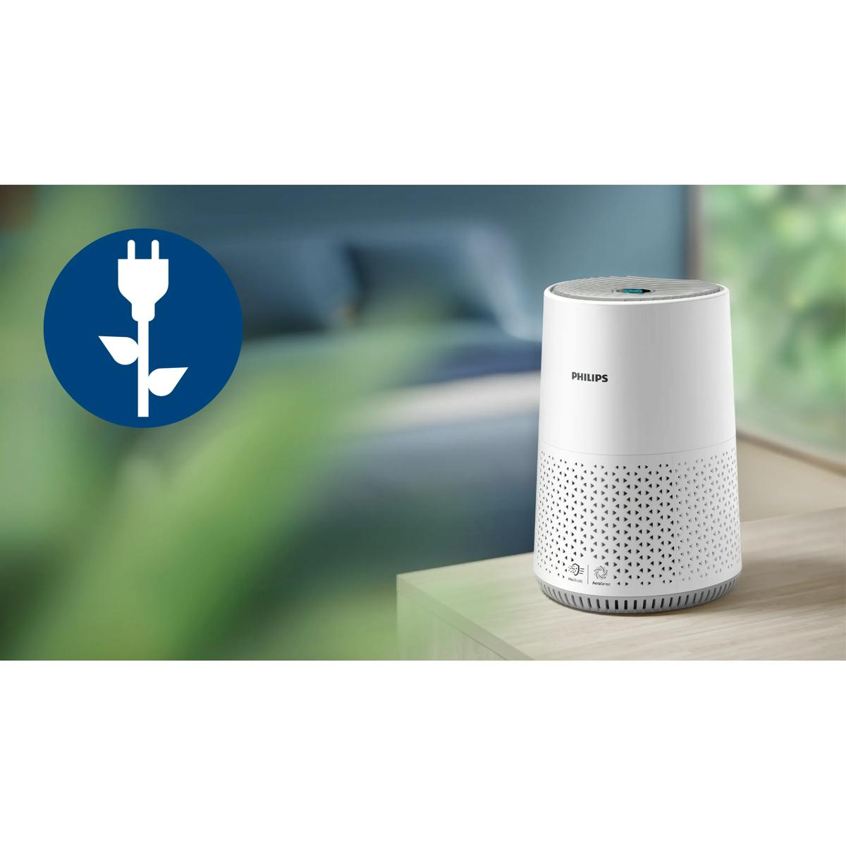 Weißer Philips Luftreiniger auf einem Holztisch, mit blauem Symbol für Stecker und Blätter.