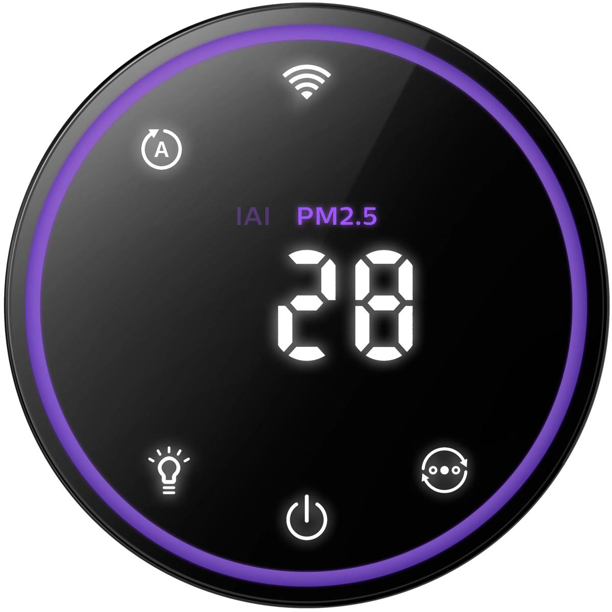 Una pantalla redonda negra con borde morado muestra niveles de PM2.5.