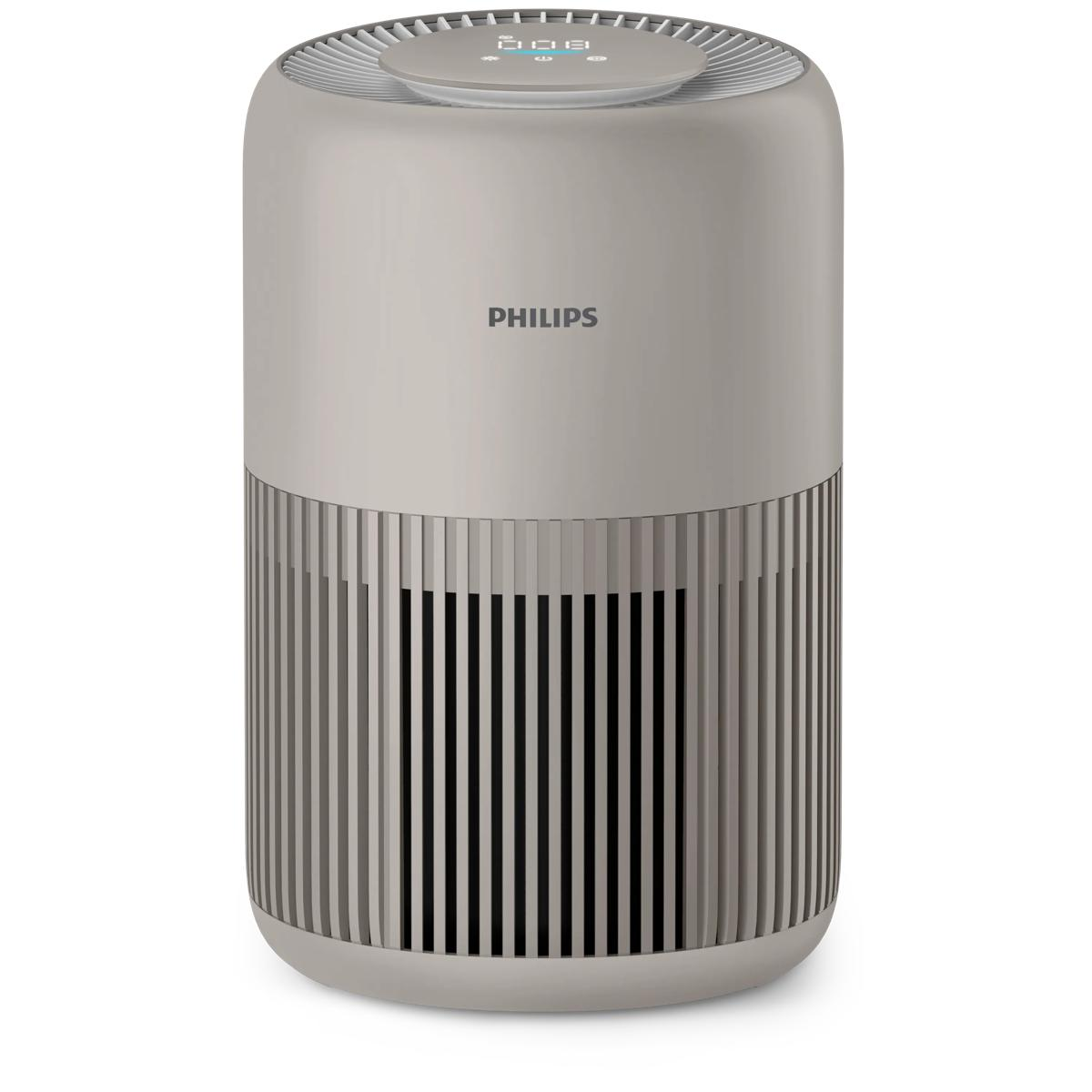 A gray Philips air purifier with slatted base and control panel on top.