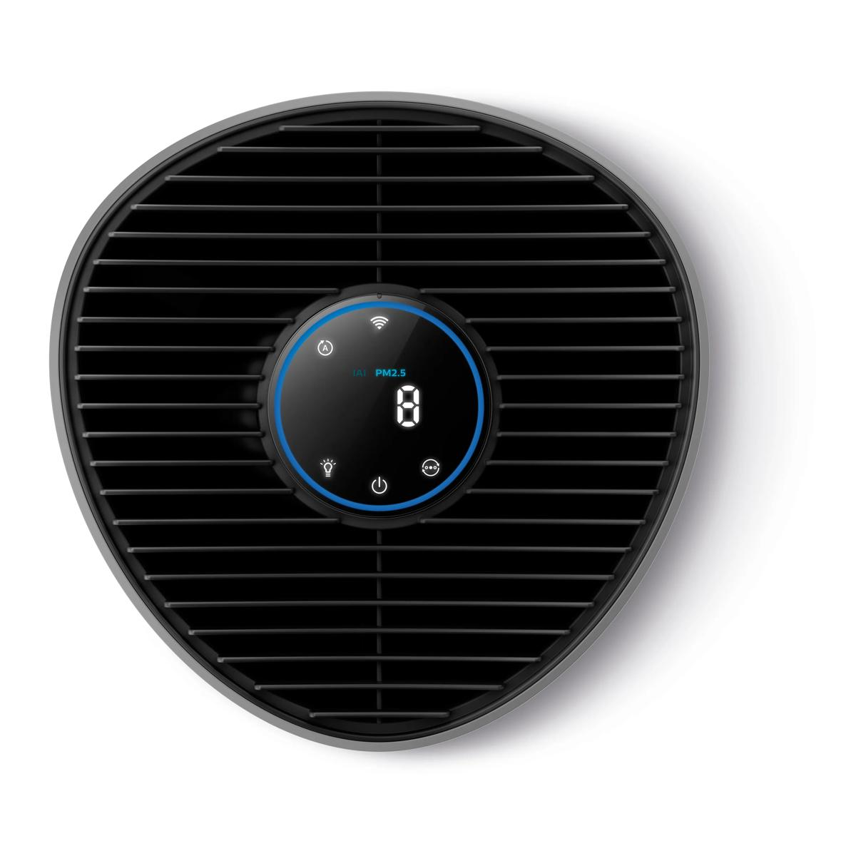 Un purificador de aire negro con pantalla digital y rejillas de ventilación.