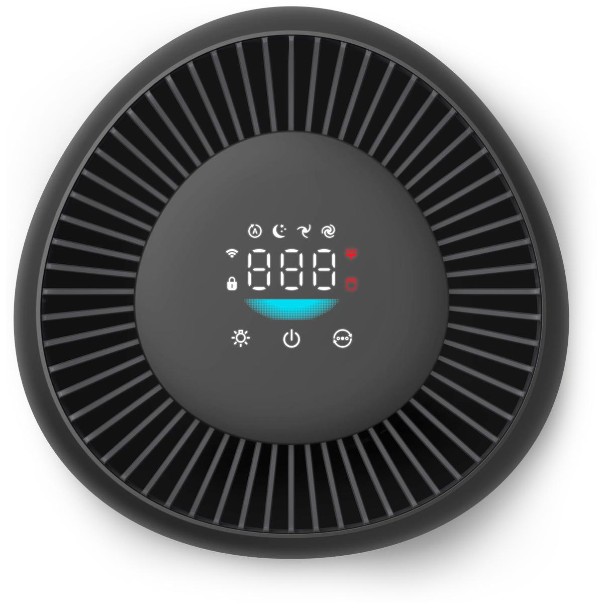 Czarny oczyszczacz powietrza z cyfrowym wyświetlaczem pokazującym '888' i ikony.