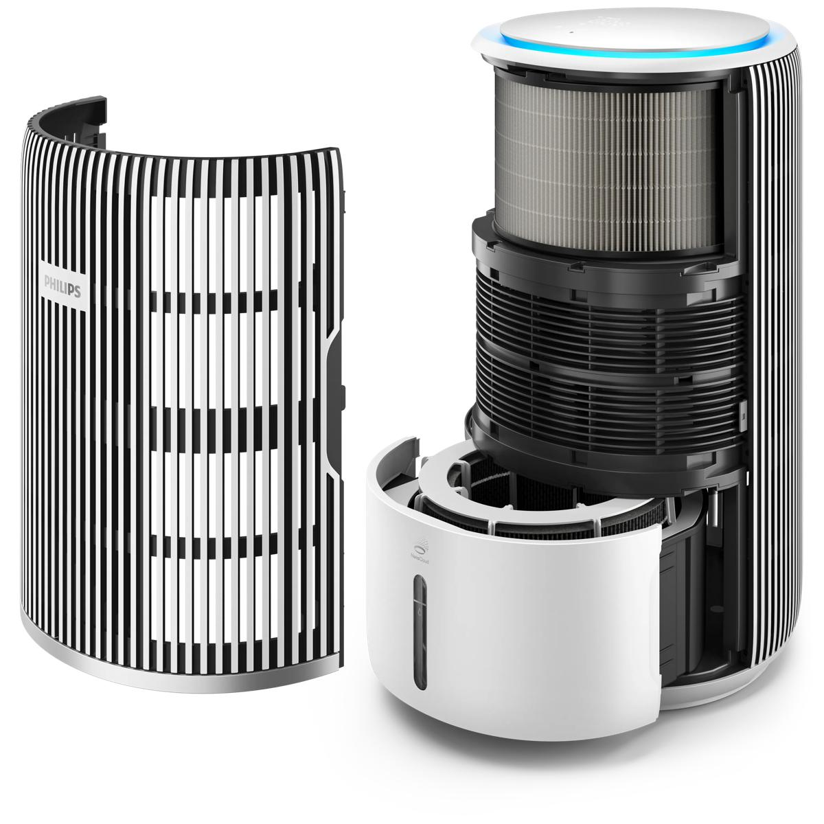 Ein Philips Luftreiniger mit geöffneter Frontplatte, der seine Filter und Lüfter zeigt.