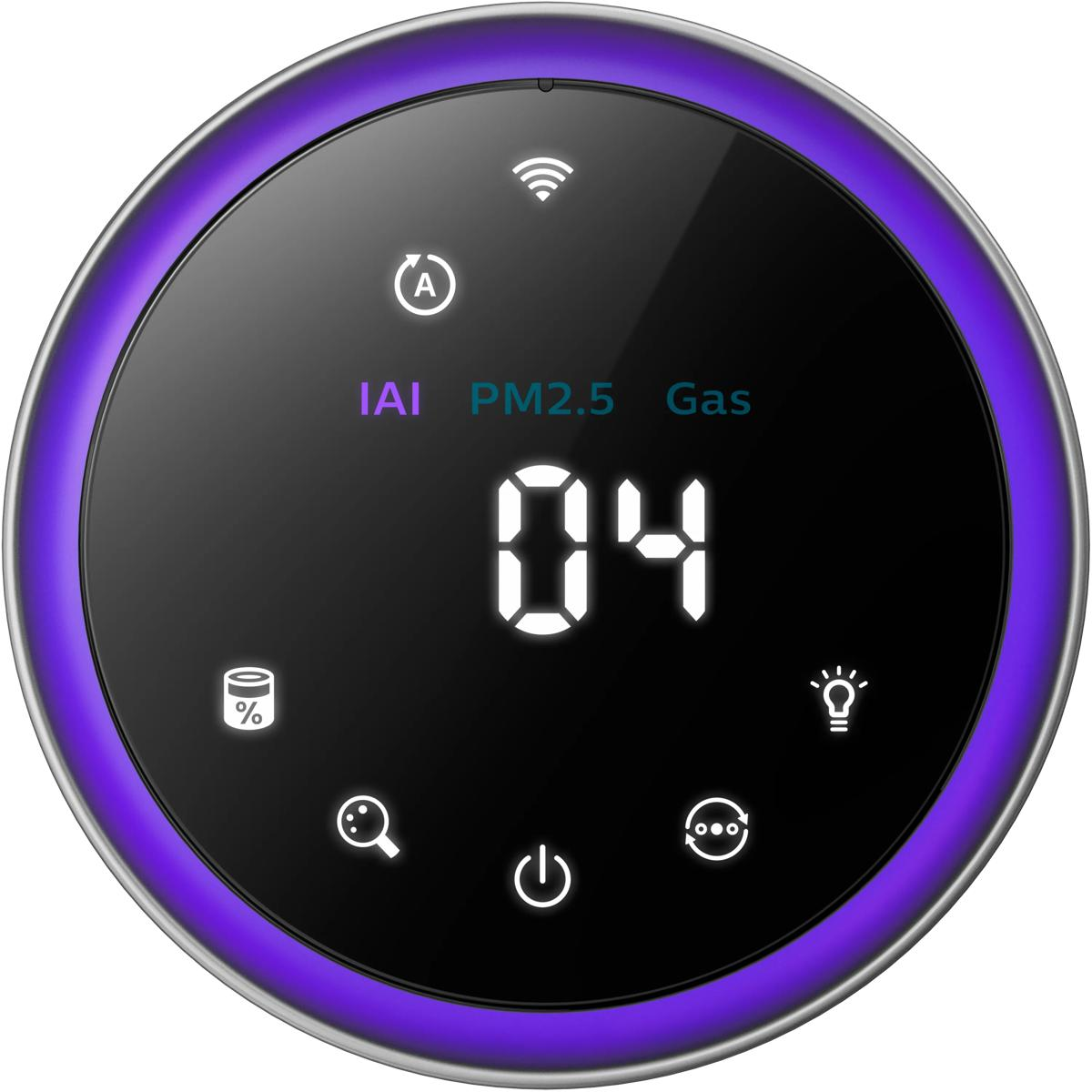 Mor kenarlı yuvarlak cihazda 04, IAI, PM2.5, Gaz ve simgeler gösterilir.