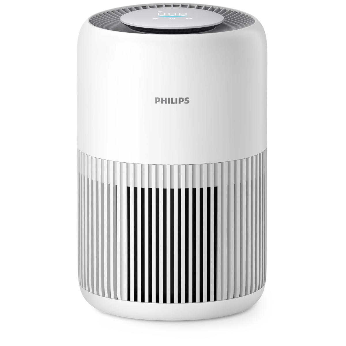 Un purificador de aire Philips blanco con base ranurada y pantalla digital arriba.