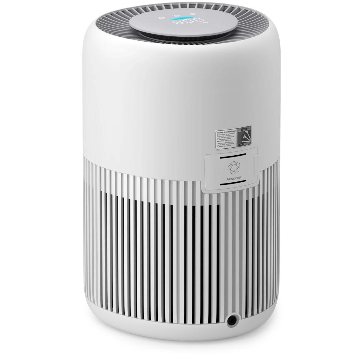 Un purificador de aire blanco con pantalla digital arriba y rejillas verticales abajo.