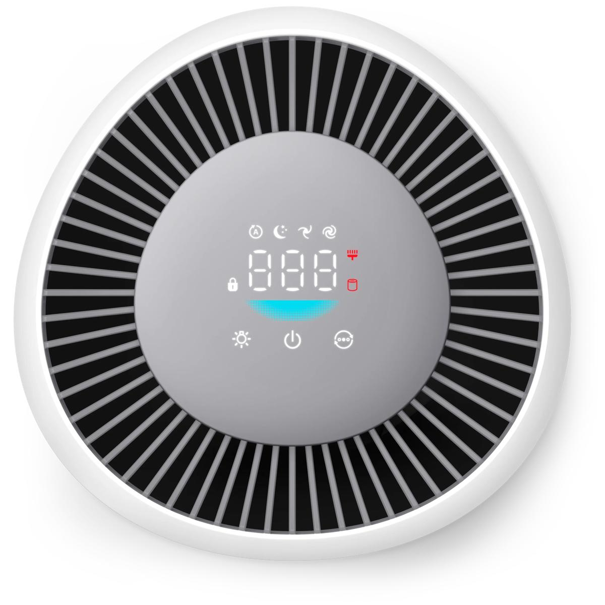 Un purificador de aire blanco con pantalla digital y ranuras de ventilación.