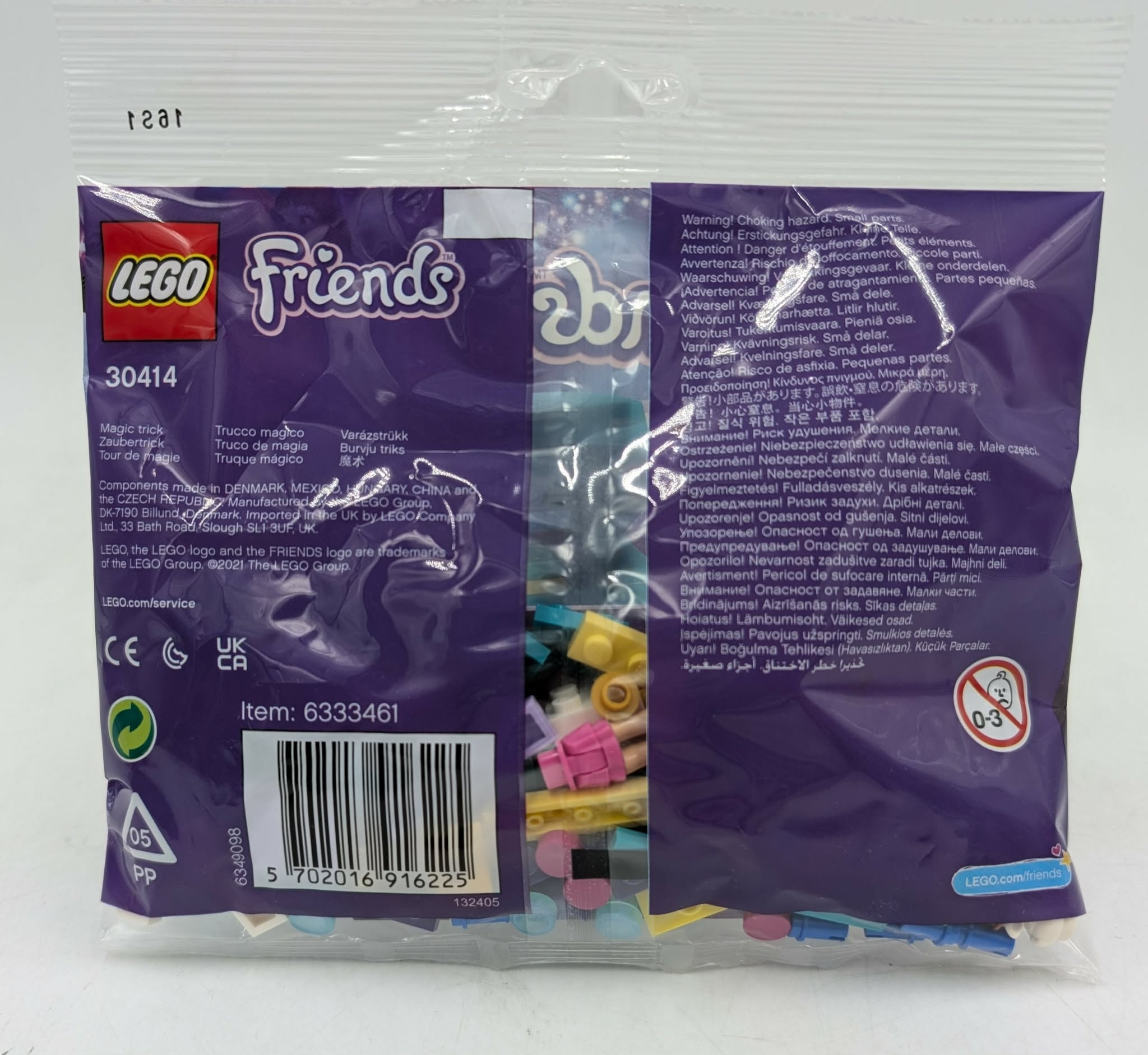 Sachet Lego Friends avec briques de construction colorées et avertissements.