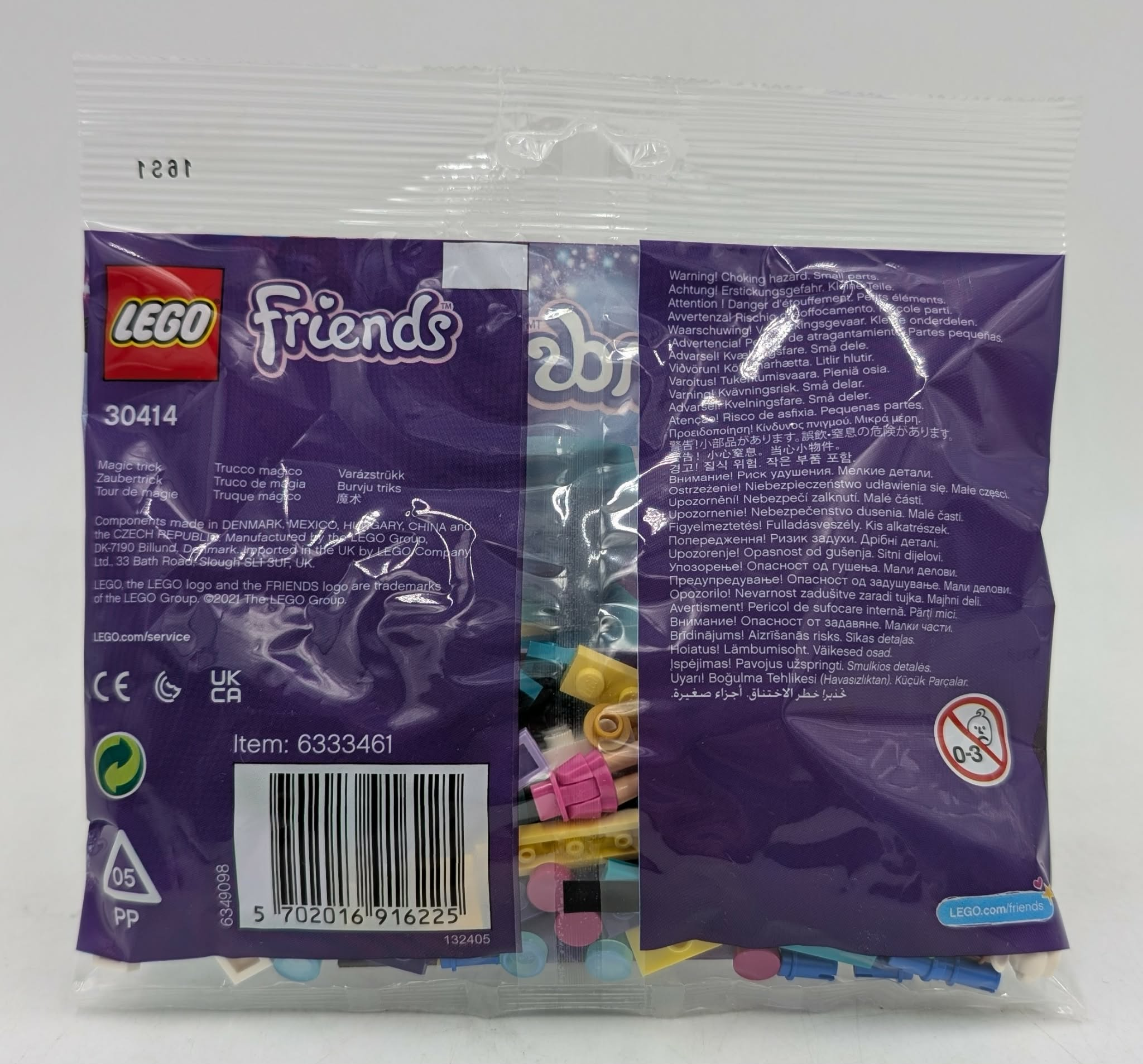 Sac Lego Friends avec petites pièces, avertissement sur l'emballage.