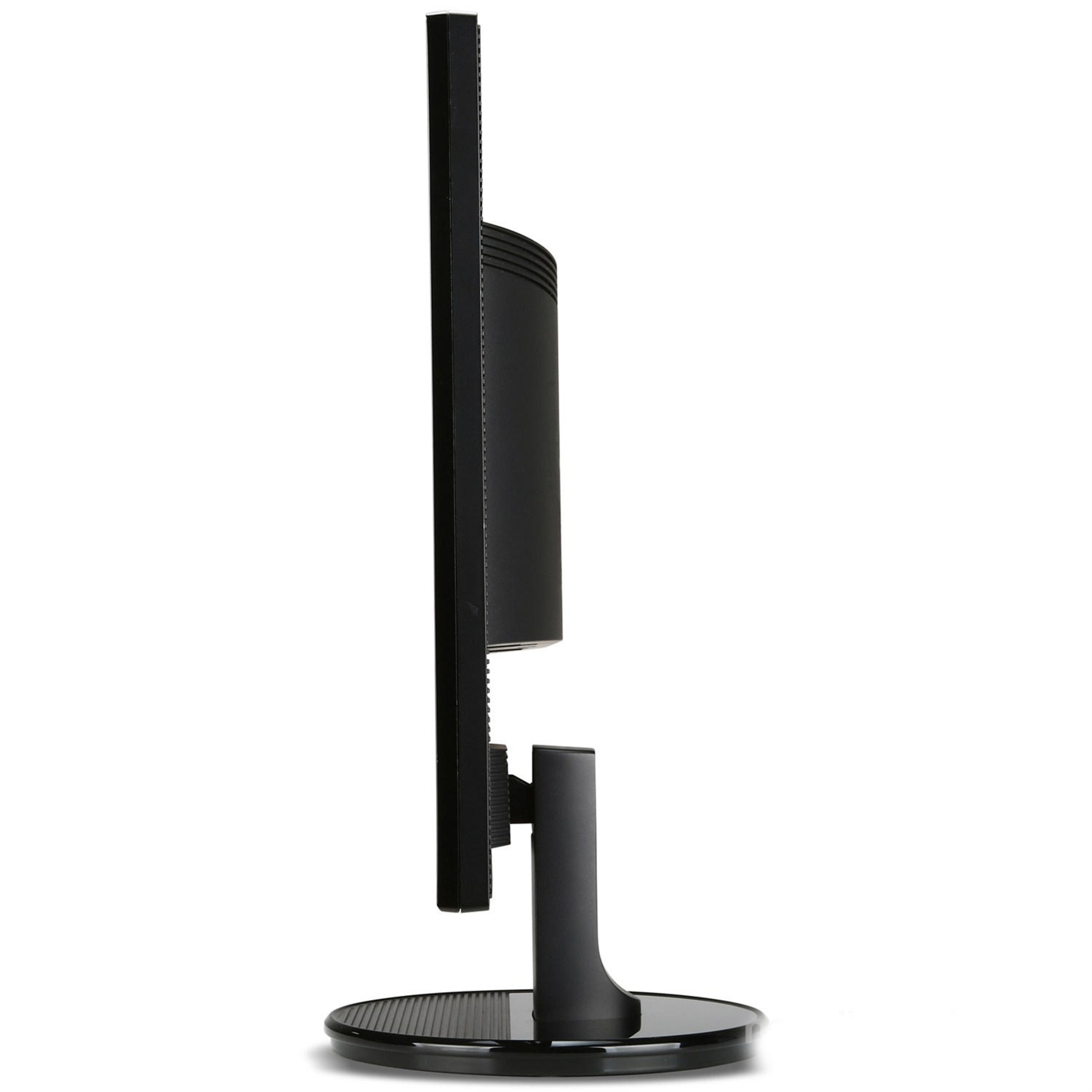 Vista laterale di un monitor nero con base rotonda su sfondo bianco.