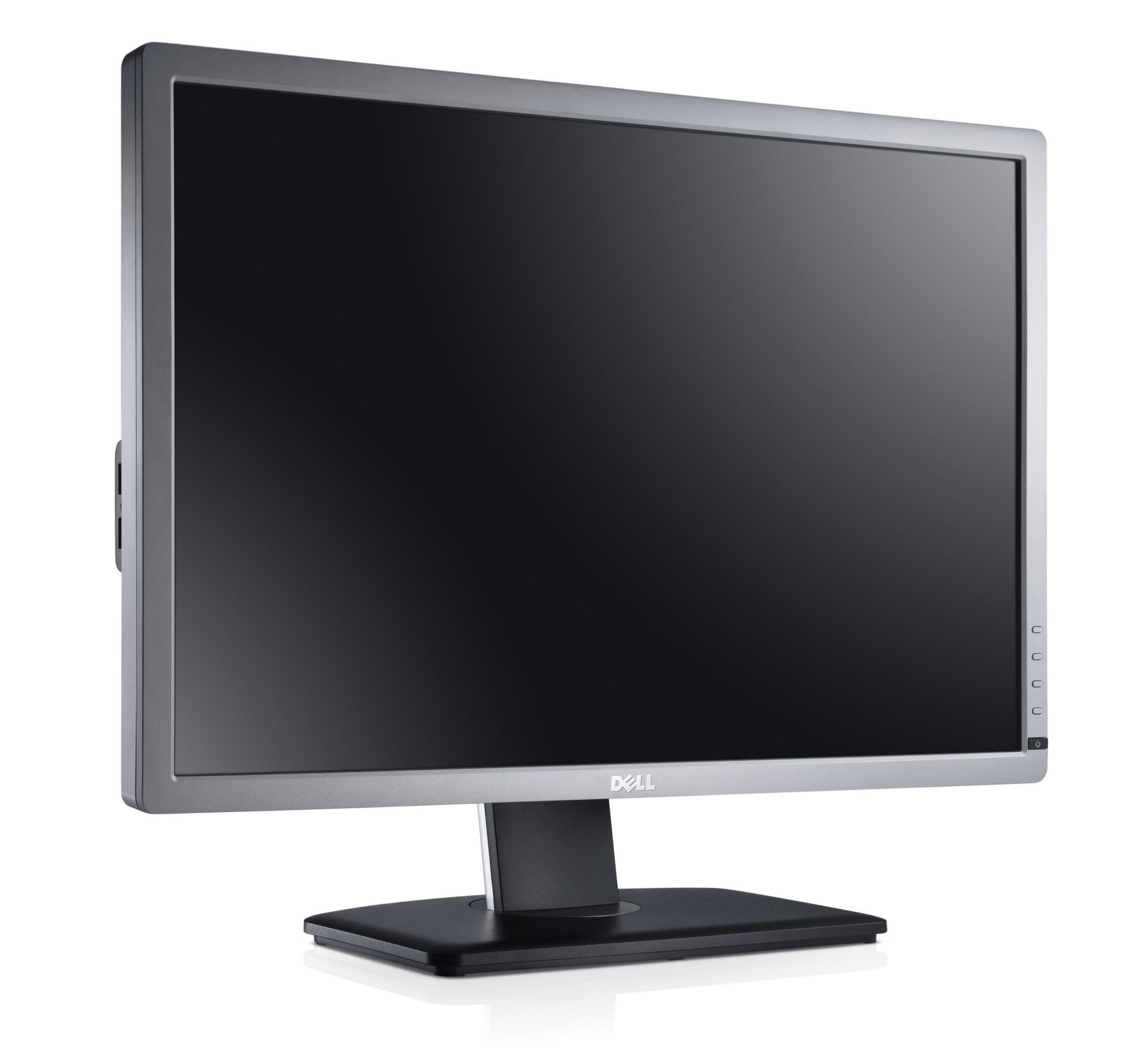 Un monitor Dell argentato con base nera su sfondo bianco.