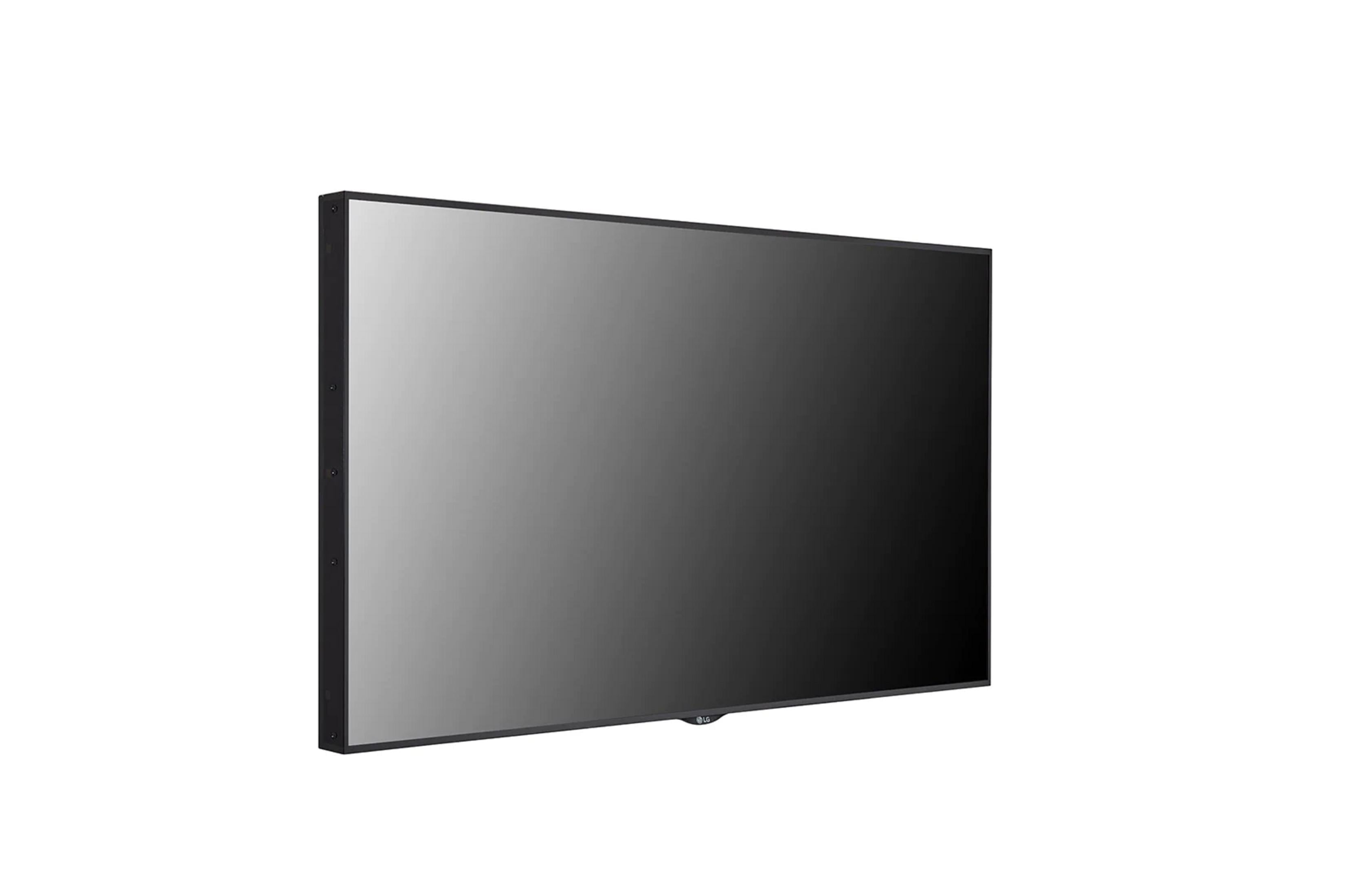 Un grande display LG nero con schermo grigio, su sfondo bianco.