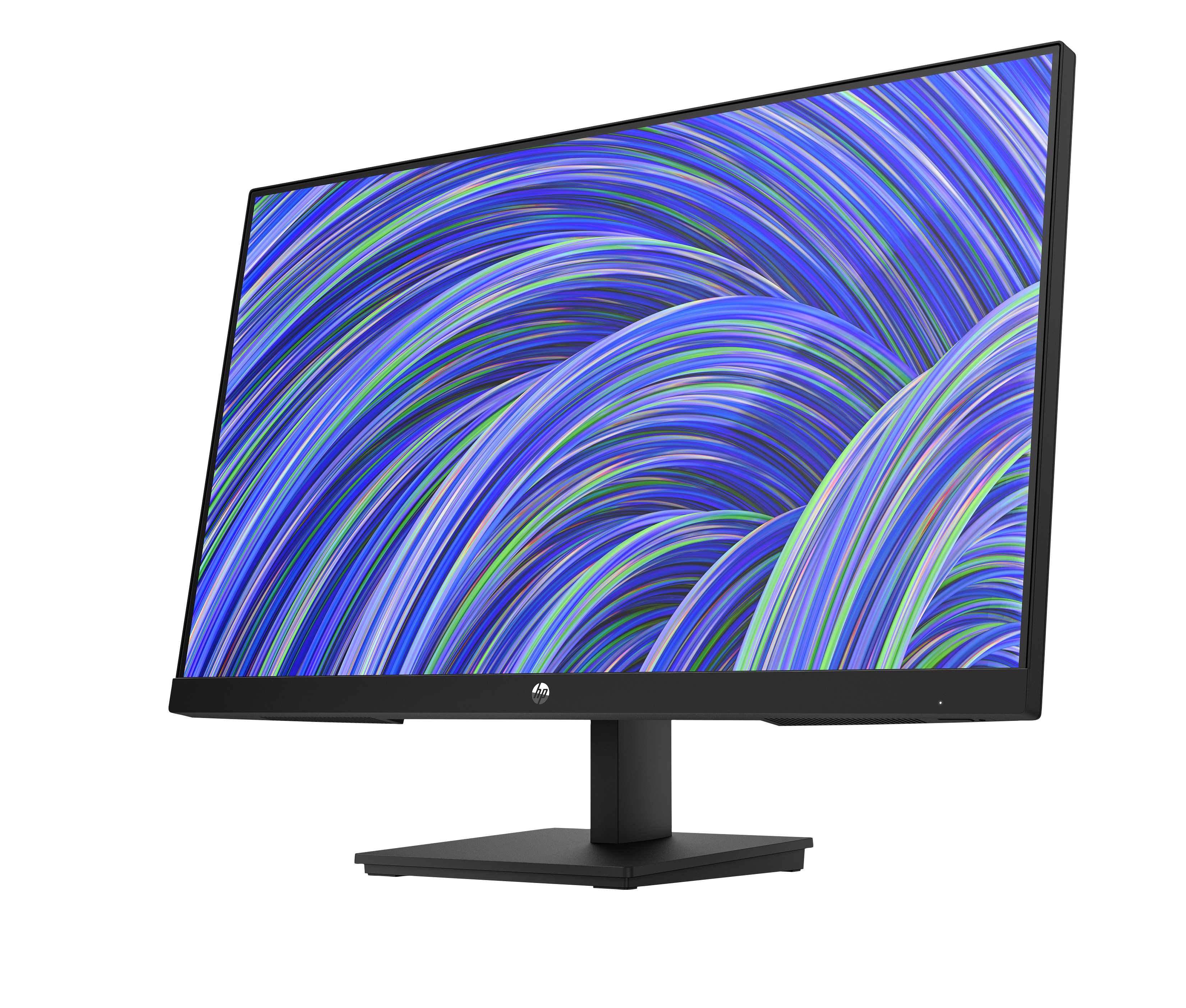 Un monitor nero con un motivo astratto di linee ondulate blu e verdi.