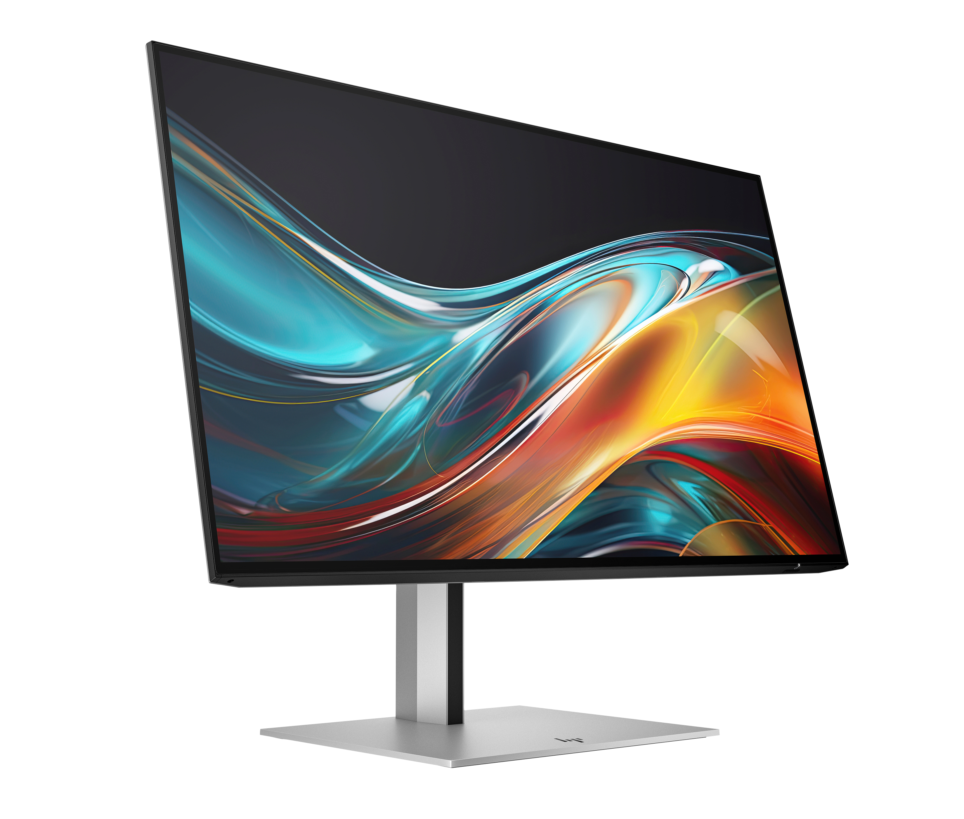 Un monitor plateado con un diseño abstracto y colorido sobre fondo blanco.