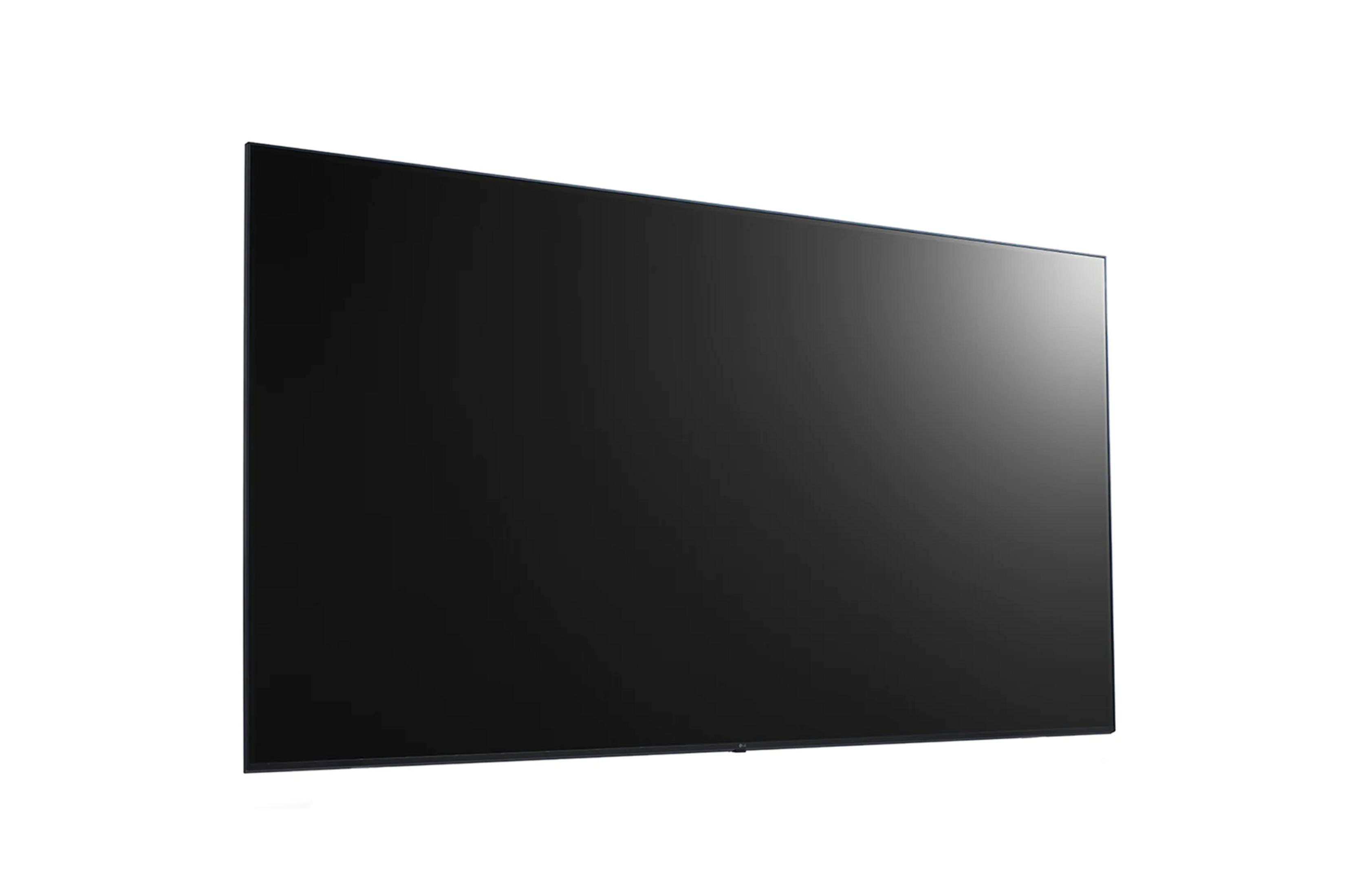Een moderne, slanke zwarte televisie tegen een witte achtergrond.