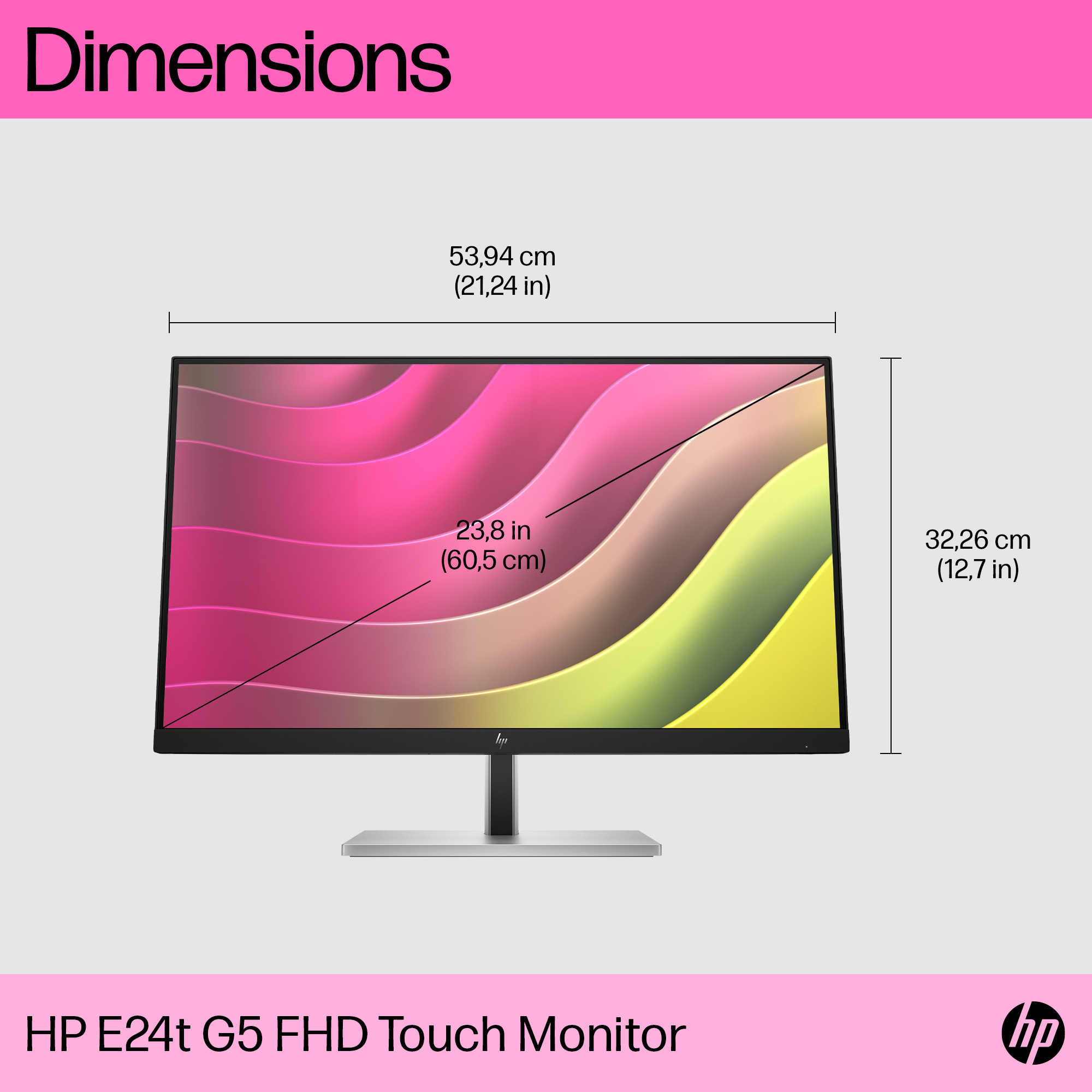 Dimensiones monitor HP E24t G5: 53,94 cm ancho, 32,26 cm alto, 23,8 pulgadas tamaño pantalla.
