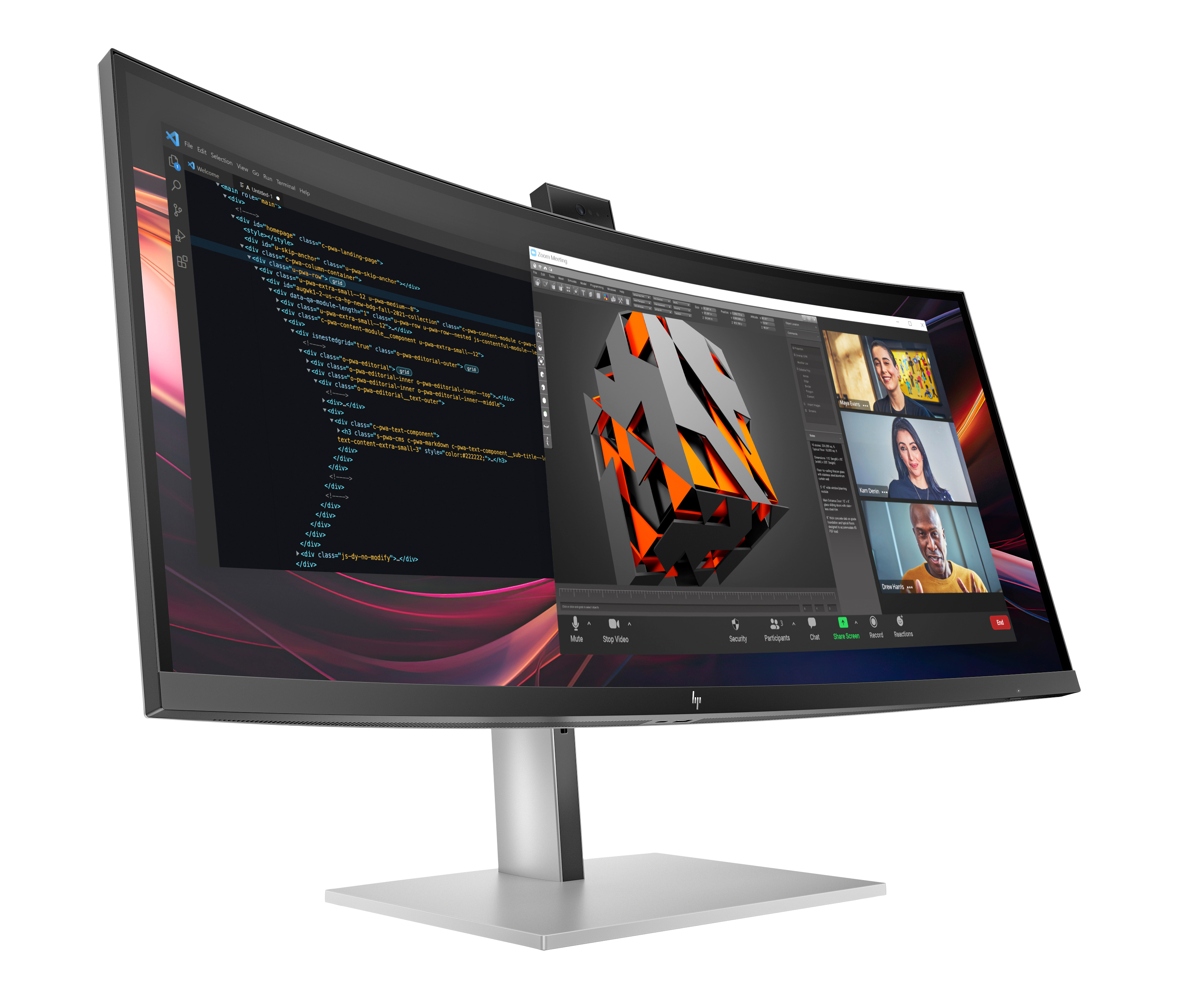 Un monitor curvo muestra código, un modelo 3D y una reunión de Zoom con tres personas.