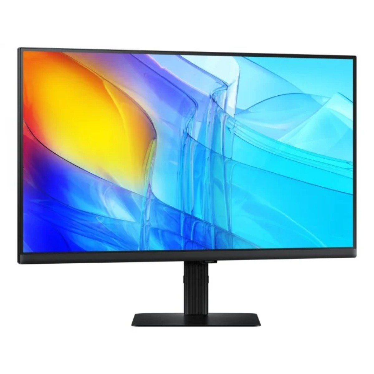 Un monitor de computadora negro muestra una colorida imagen abstracta con tonos amarillos, azules y morados.