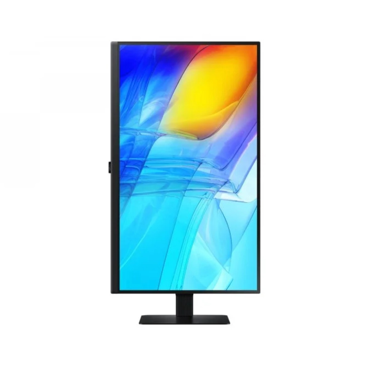 Un monitor negro moderno con una imagen de fondo abstracta y colorida.