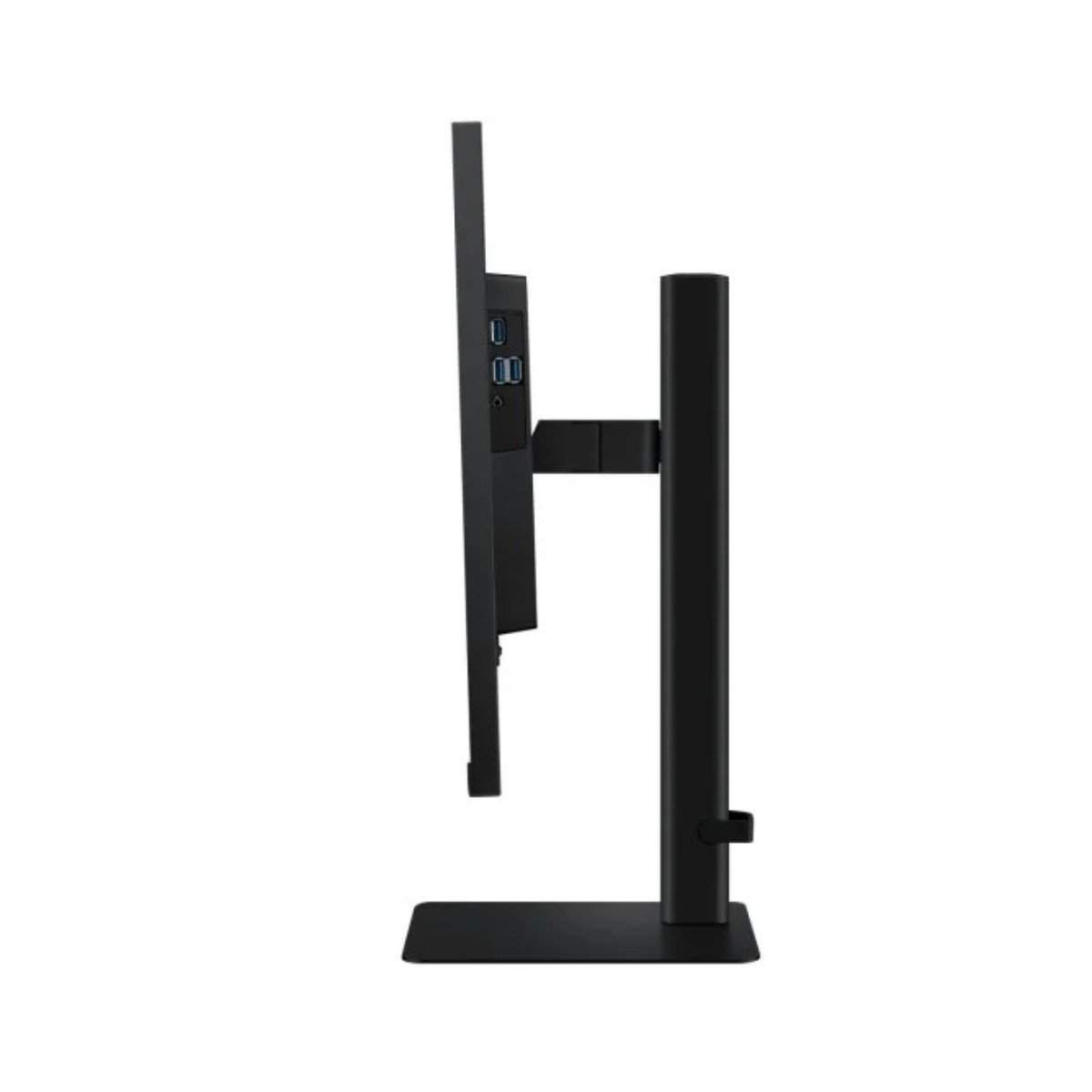 Monitor negro con bisel delgado en soporte negro, vista lateral derecha.
