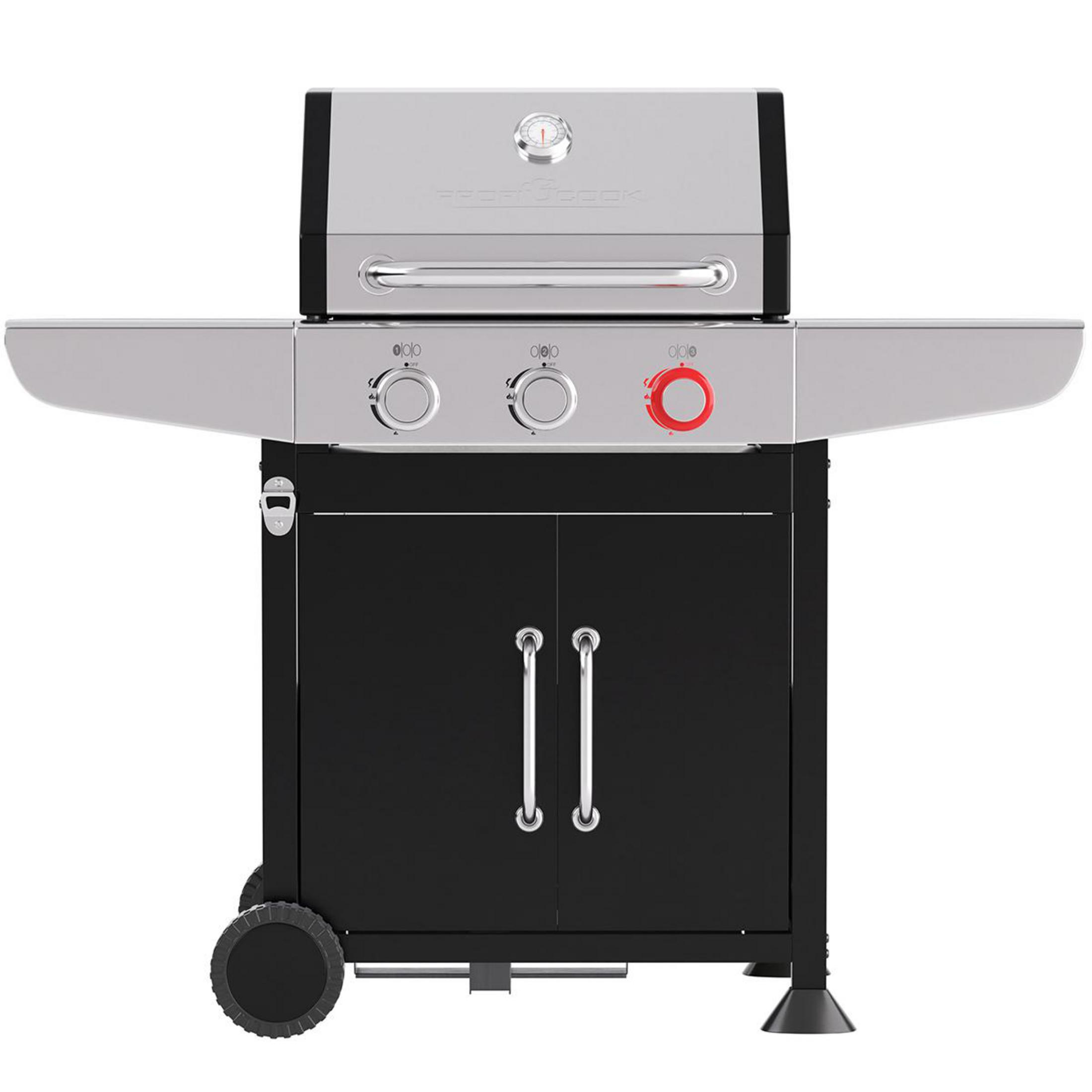 Ein silberner Grill mit schwarzem Schrank und zwei Rädern.