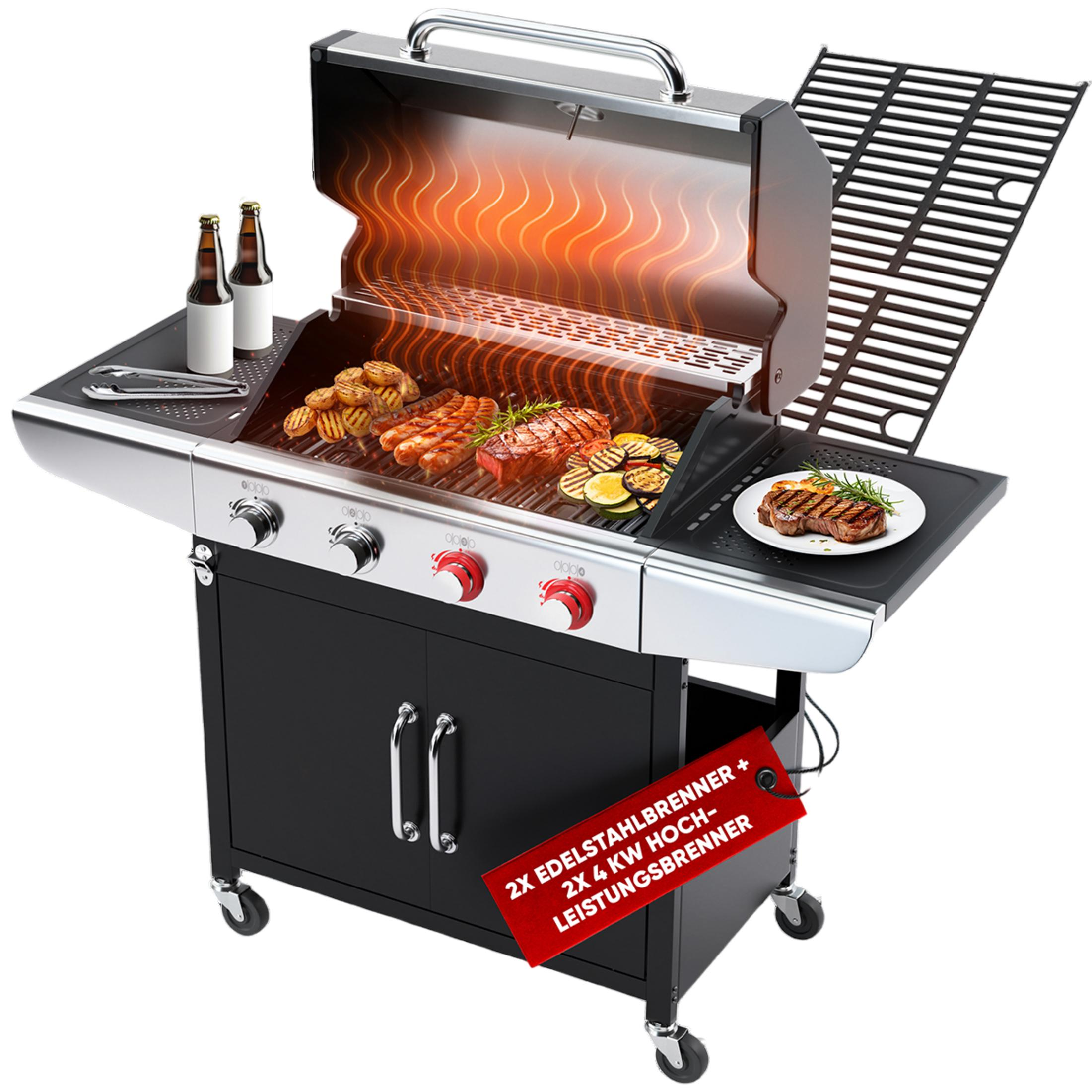 Ein Gasgrill mit offenem Deckel, auf dem Fleisch, Würstchen und Gemüse gegrillt werden.