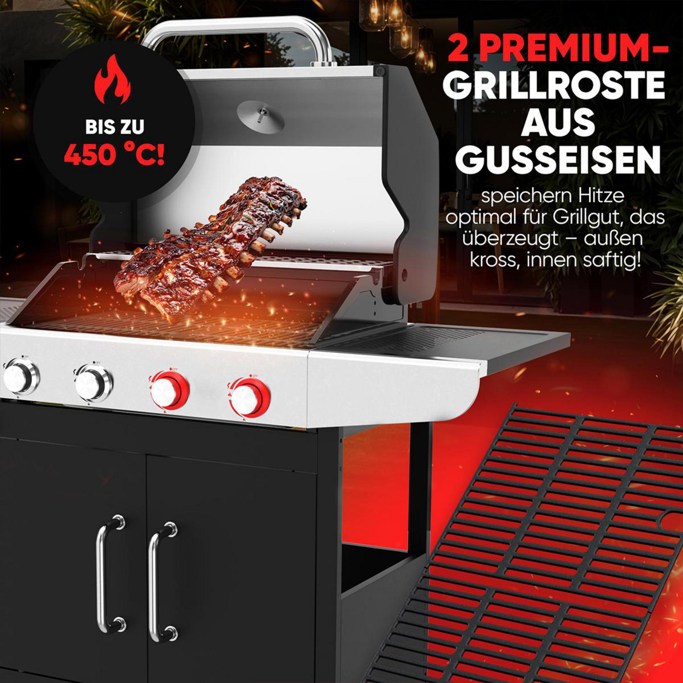 Ein Grill mit Fleisch, bis zu 450°C, Gusseisen-Grillroste